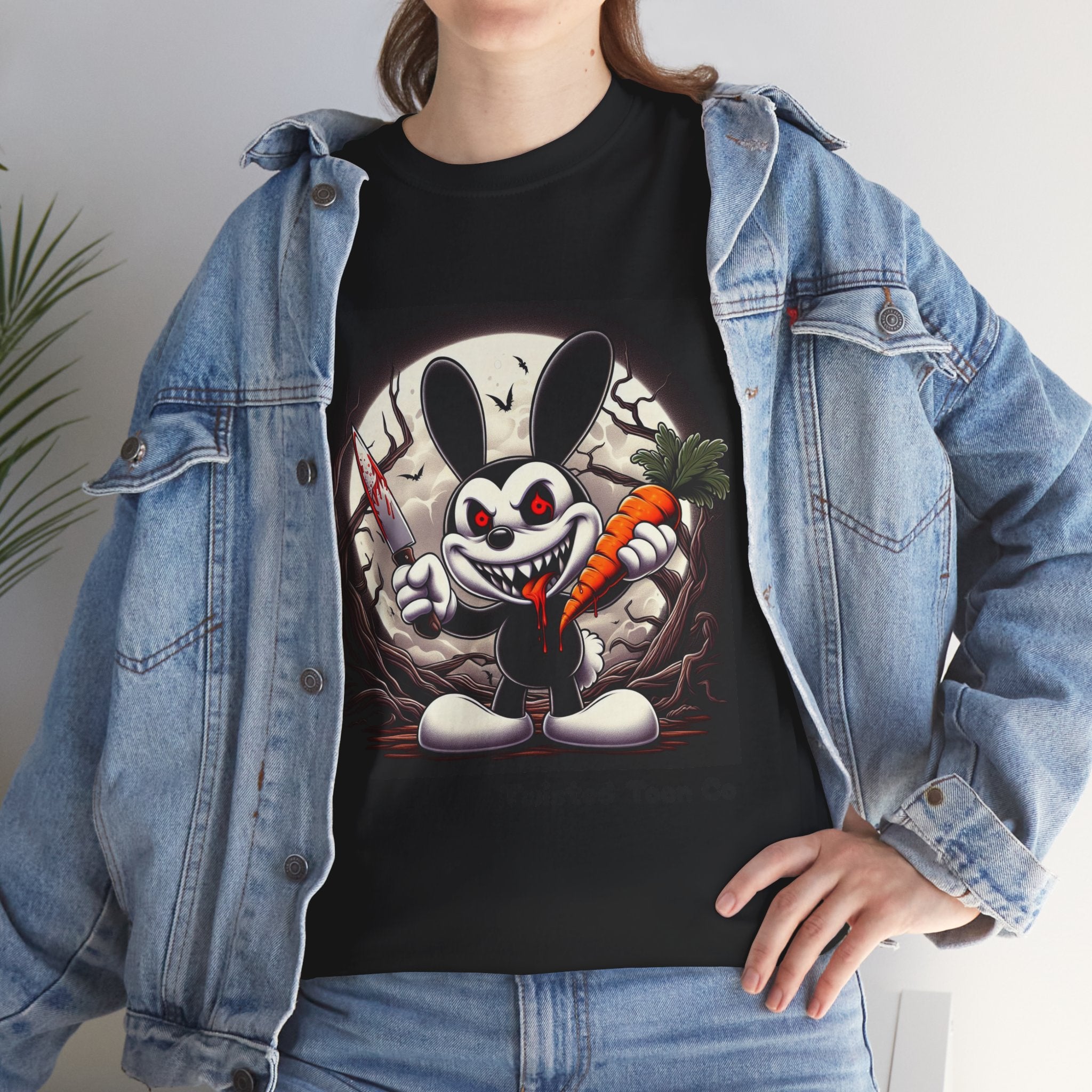 Creepy Cartoon Bunny Halloween T-Shirt — Scary Bunny with Carrot & Moon