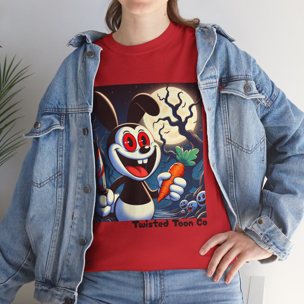 Halloween Oswald-Style Cartoon Tee — Spooky Bunny with Carrot and Full Moon