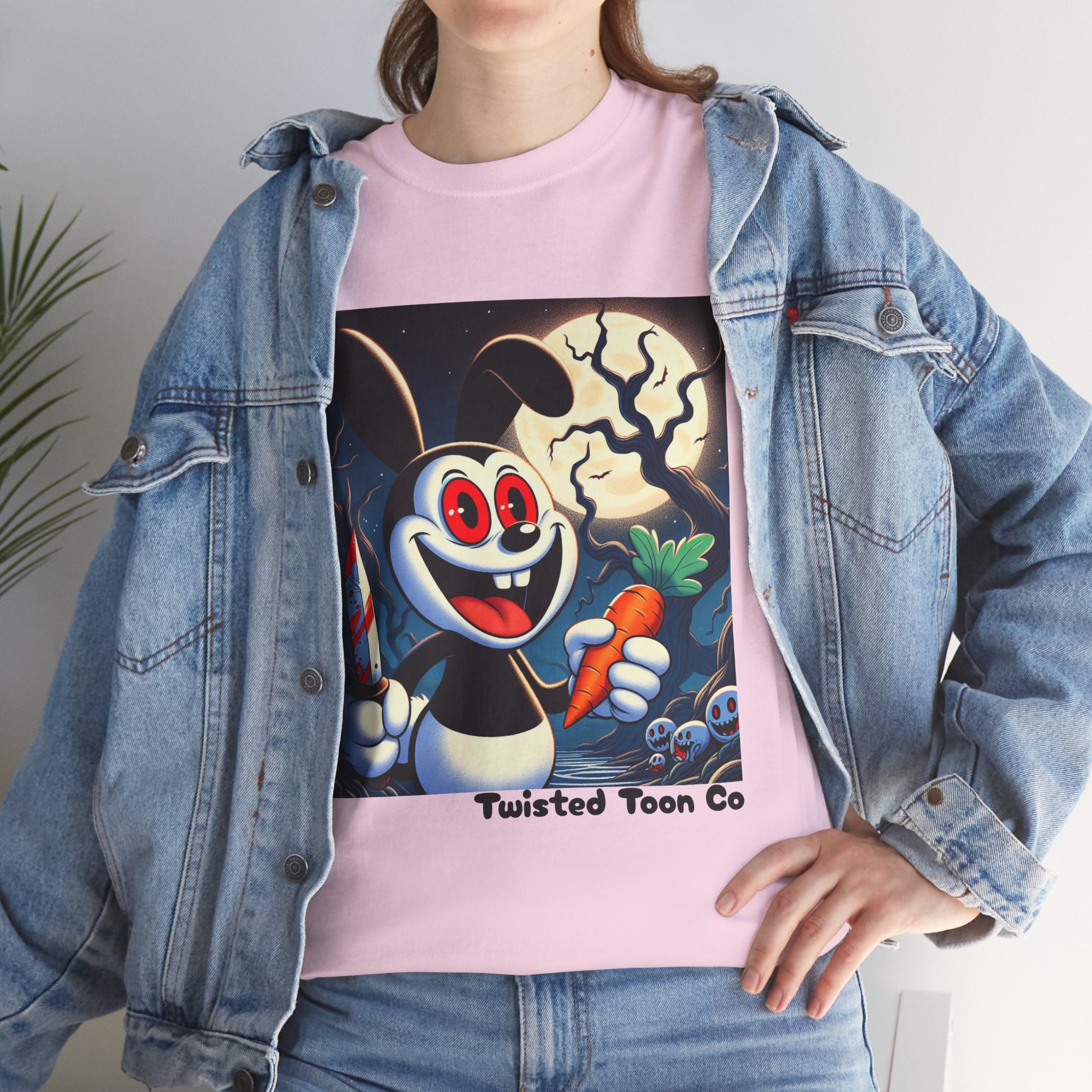 Halloween Oswald-Style Cartoon Tee — Spooky Bunny with Carrot and Full Moon