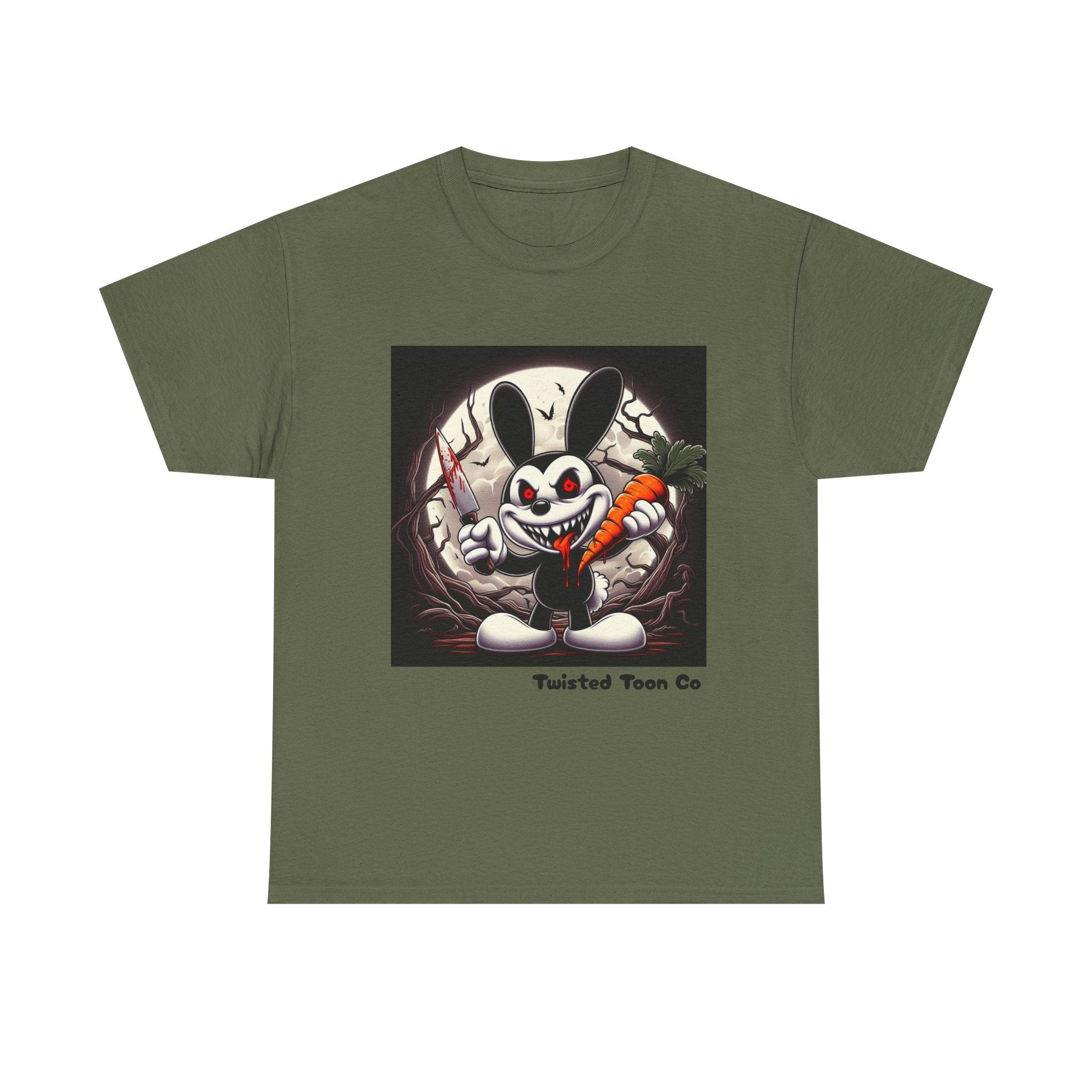 Creepy Cartoon Bunny Halloween T-Shirt — Scary Bunny with Carrot & Moon
