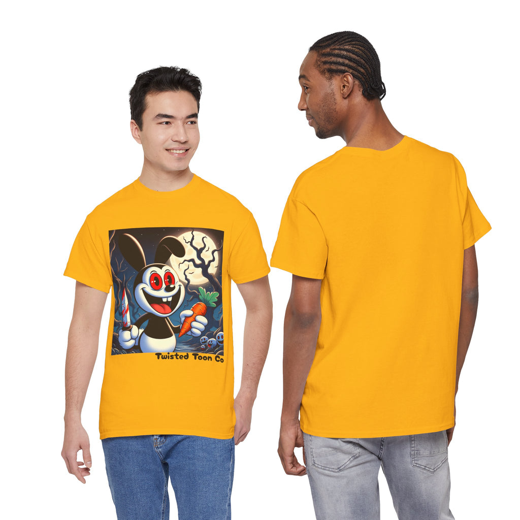 Halloween Oswald-Style Cartoon Tee — Spooky Bunny with Carrot and Full Moon