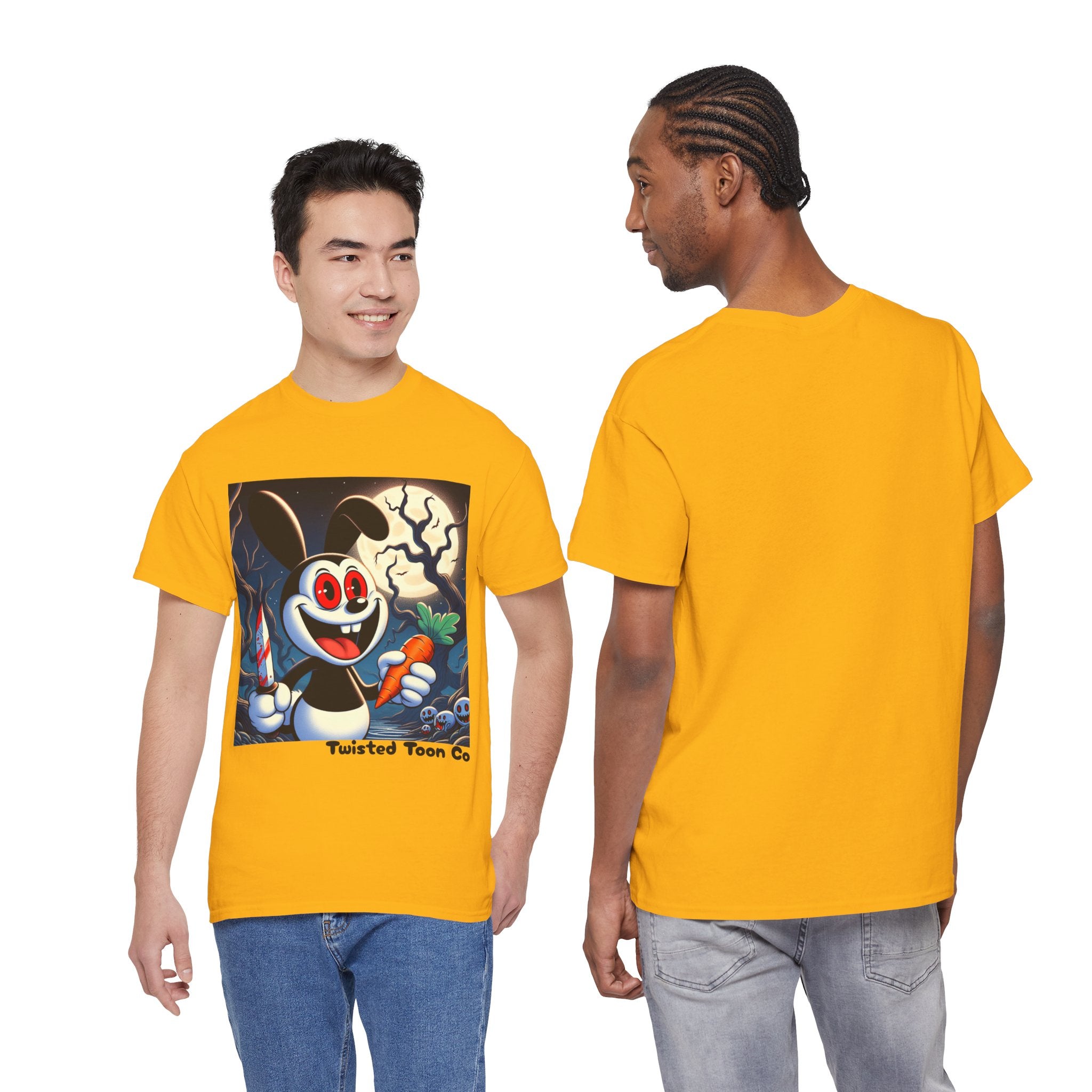 Halloween Oswald-Style Cartoon Tee — Spooky Bunny with Carrot and Full Moon