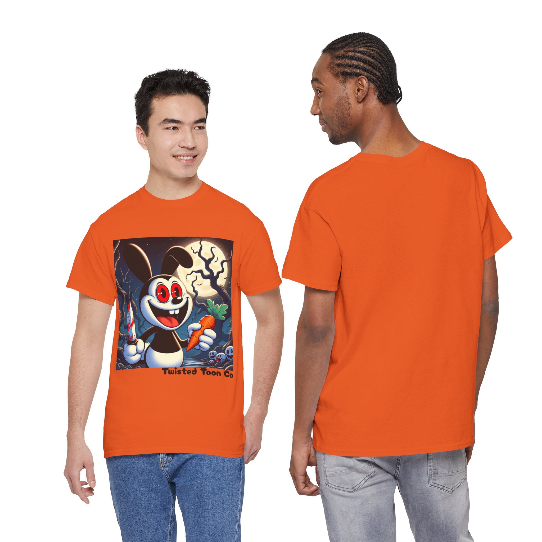 Halloween Oswald-Style Cartoon Tee — Spooky Bunny with Carrot and Full Moon