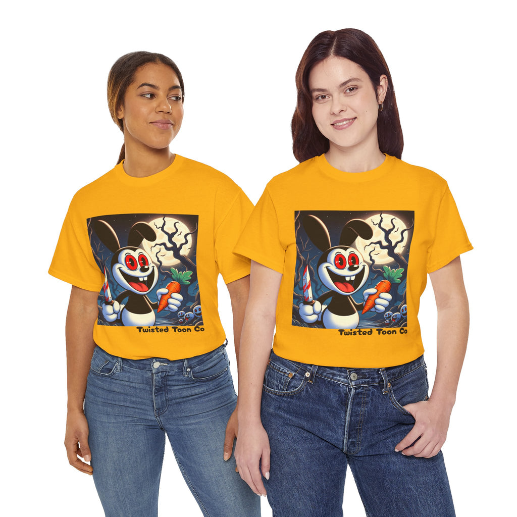 Halloween Oswald-Style Cartoon Tee — Spooky Bunny with Carrot and Full Moon