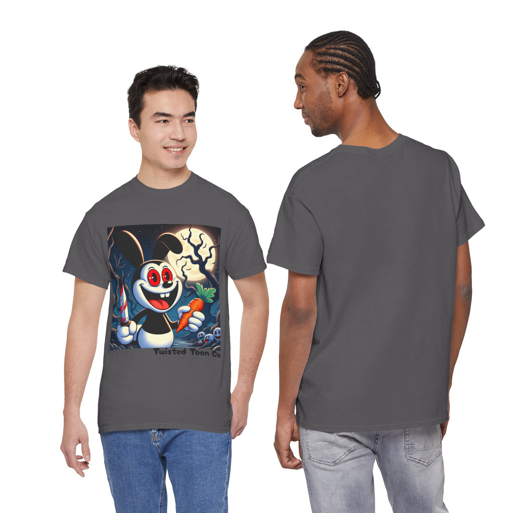 Halloween Oswald-Style Cartoon Tee — Spooky Bunny with Carrot and Full Moon