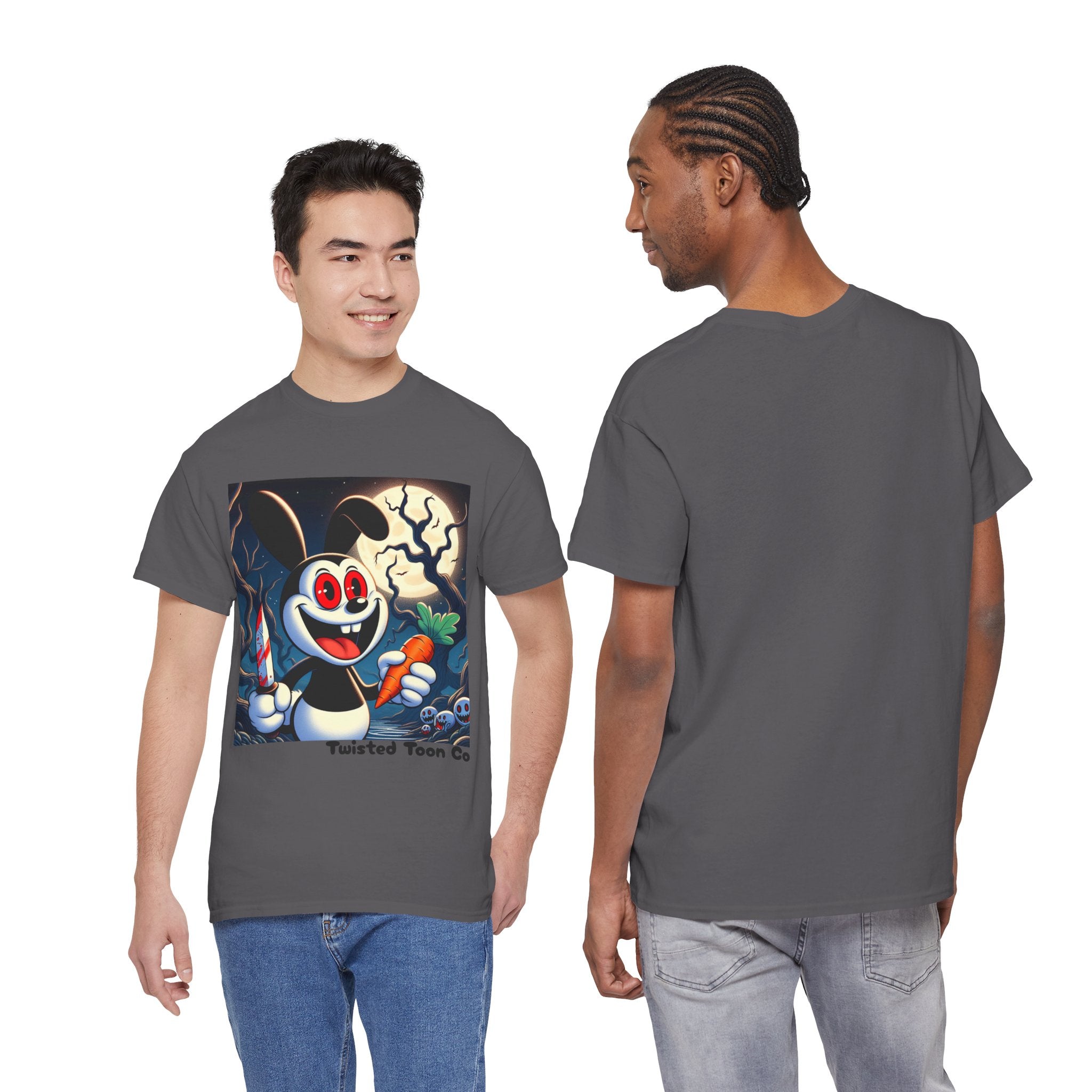 Halloween Oswald-Style Cartoon Tee — Spooky Bunny with Carrot and Full Moon