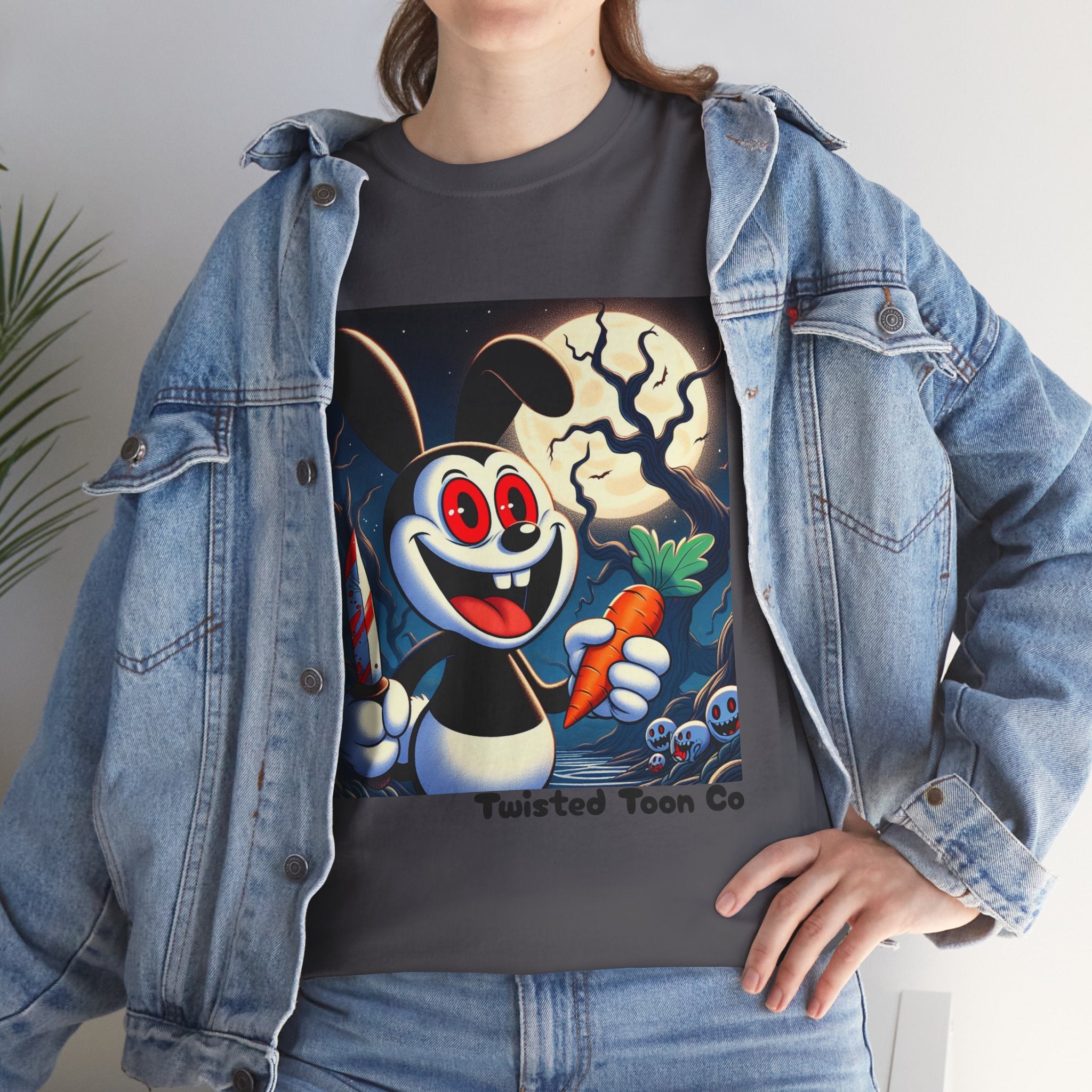 Halloween Oswald-Style Cartoon Tee — Spooky Bunny with Carrot and Full Moon