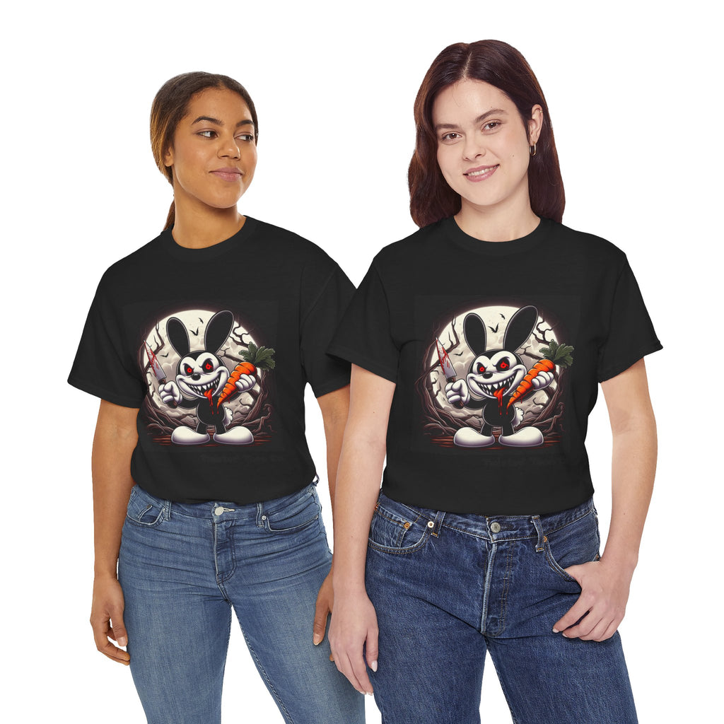 Creepy Cartoon Bunny Halloween T-Shirt — Scary Bunny with Carrot & Moon