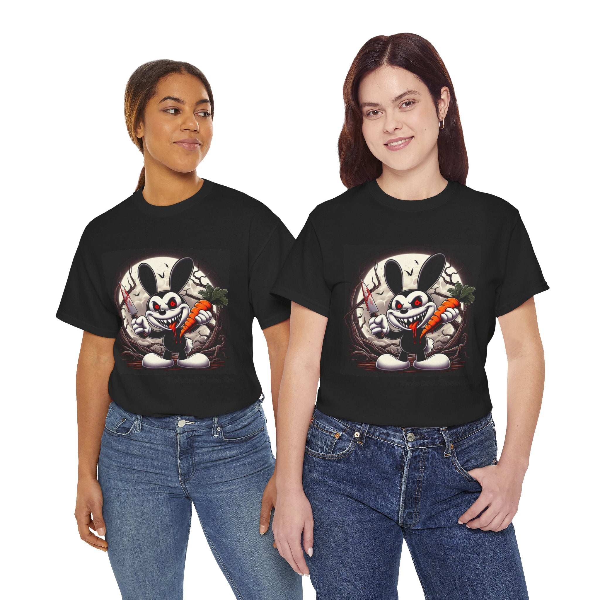 Creepy Cartoon Bunny Halloween T-Shirt — Scary Bunny with Carrot & Moon