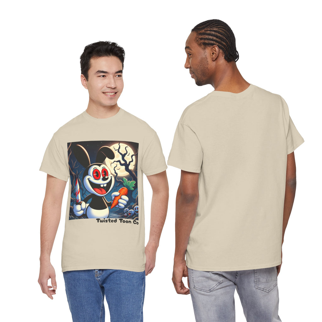 Halloween Oswald-Style Cartoon Tee — Spooky Bunny with Carrot and Full Moon