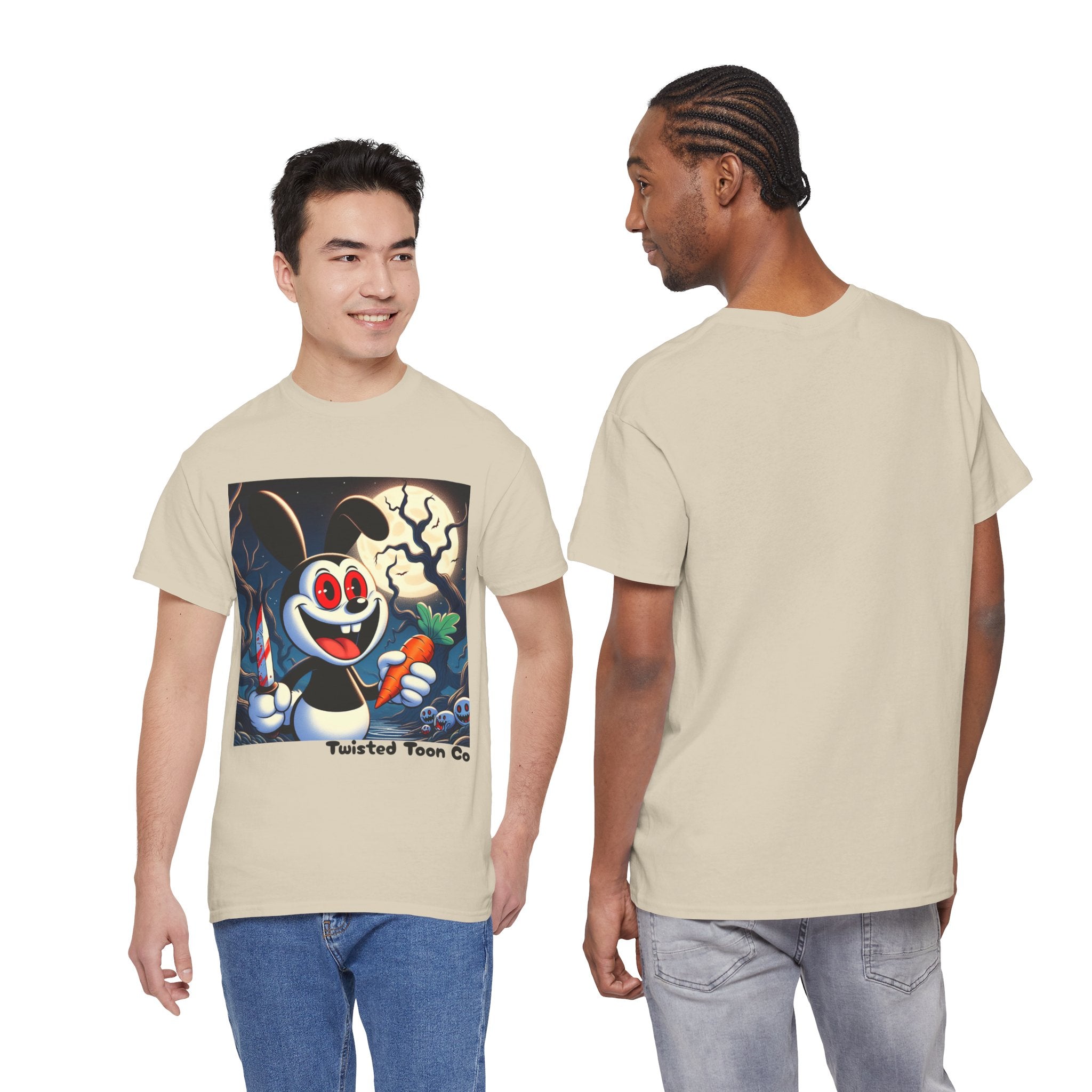 Halloween Oswald-Style Cartoon Tee — Spooky Bunny with Carrot and Full Moon