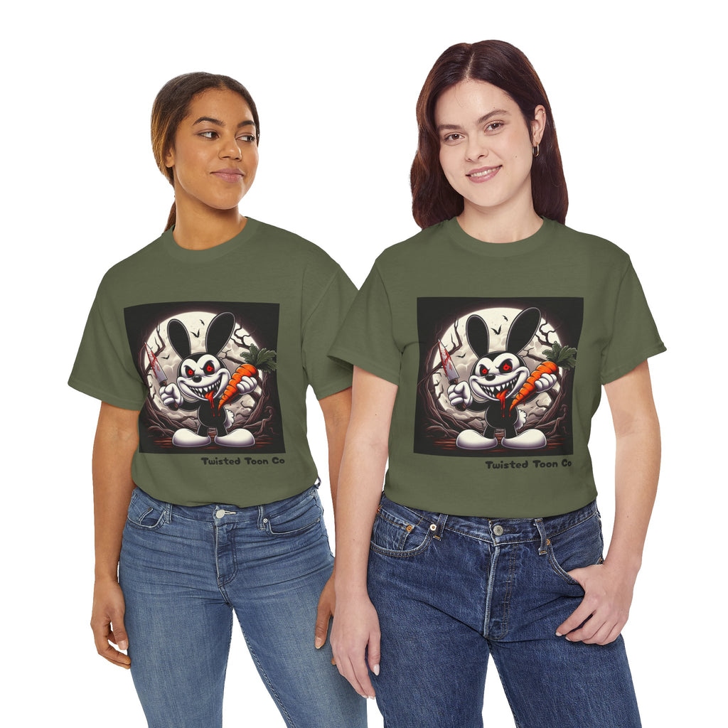 Creepy Cartoon Bunny Halloween T-Shirt — Scary Bunny with Carrot & Moon