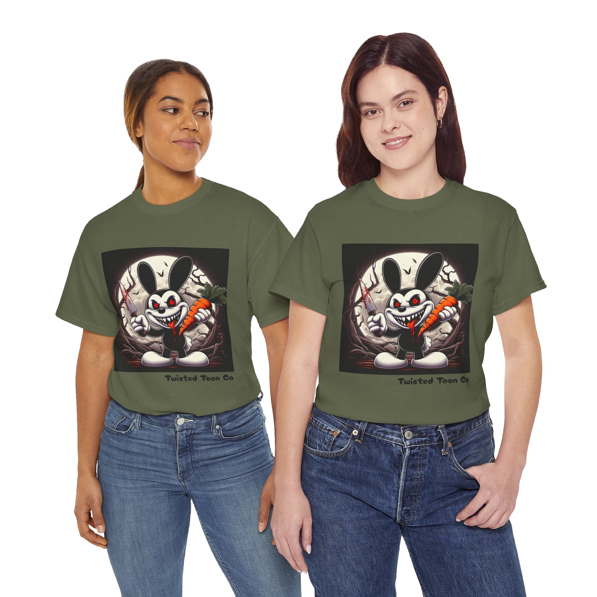 Creepy Cartoon Bunny Halloween T-Shirt — Scary Bunny with Carrot & Moon