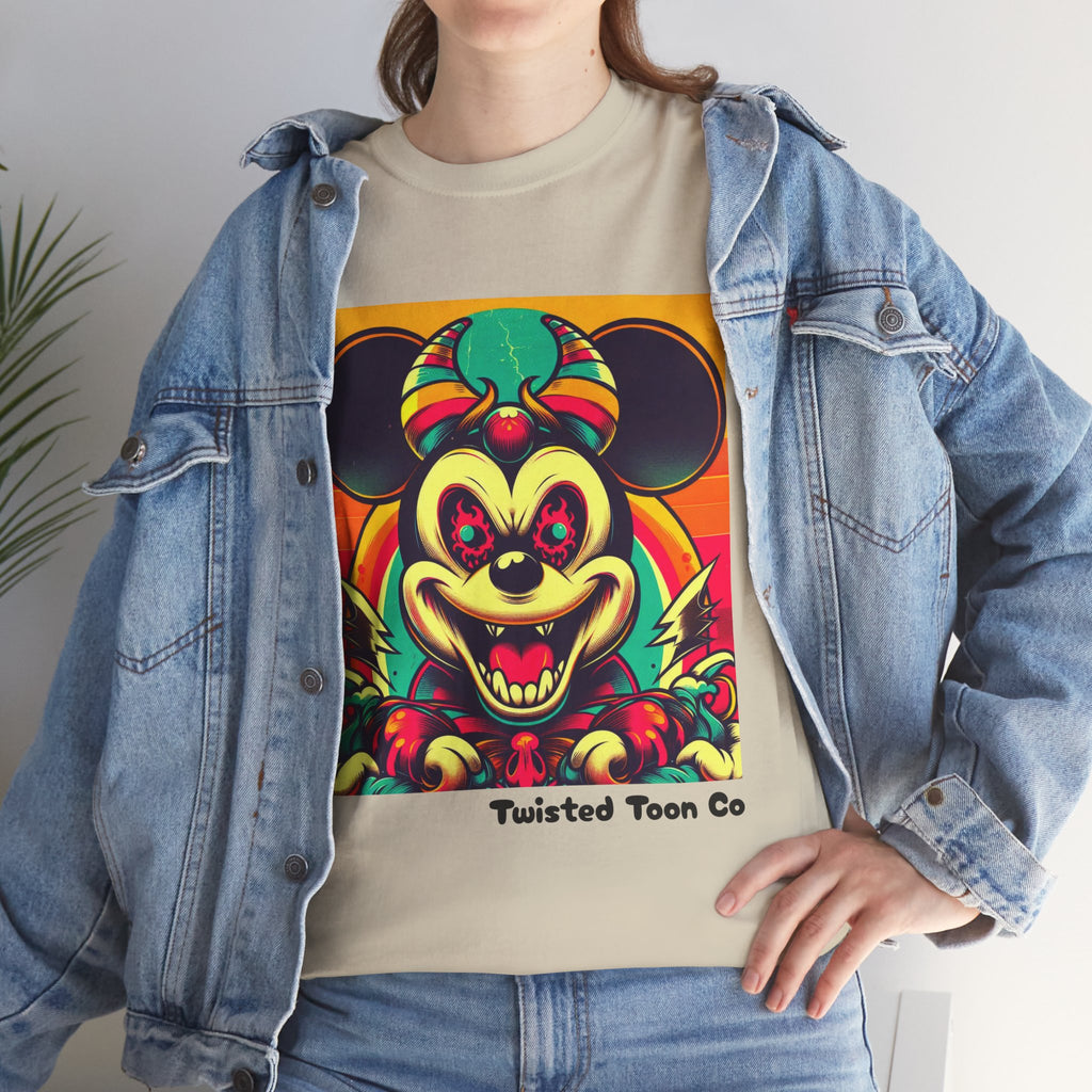 Creepy Retro Mouse Graphic Tee — Neon Horror Cartoon T-Shirt