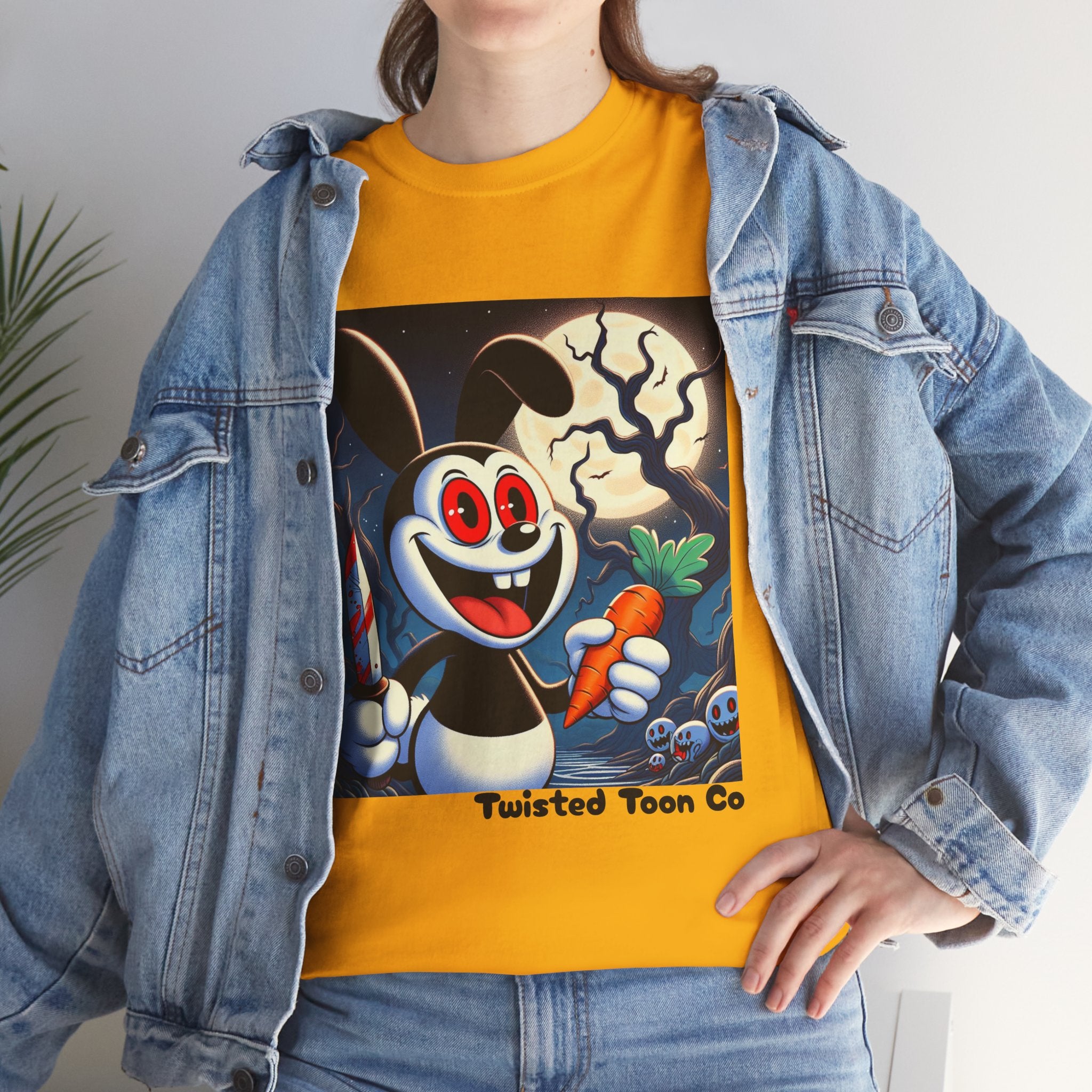 Halloween Oswald-Style Cartoon Tee — Spooky Bunny with Carrot and Full Moon