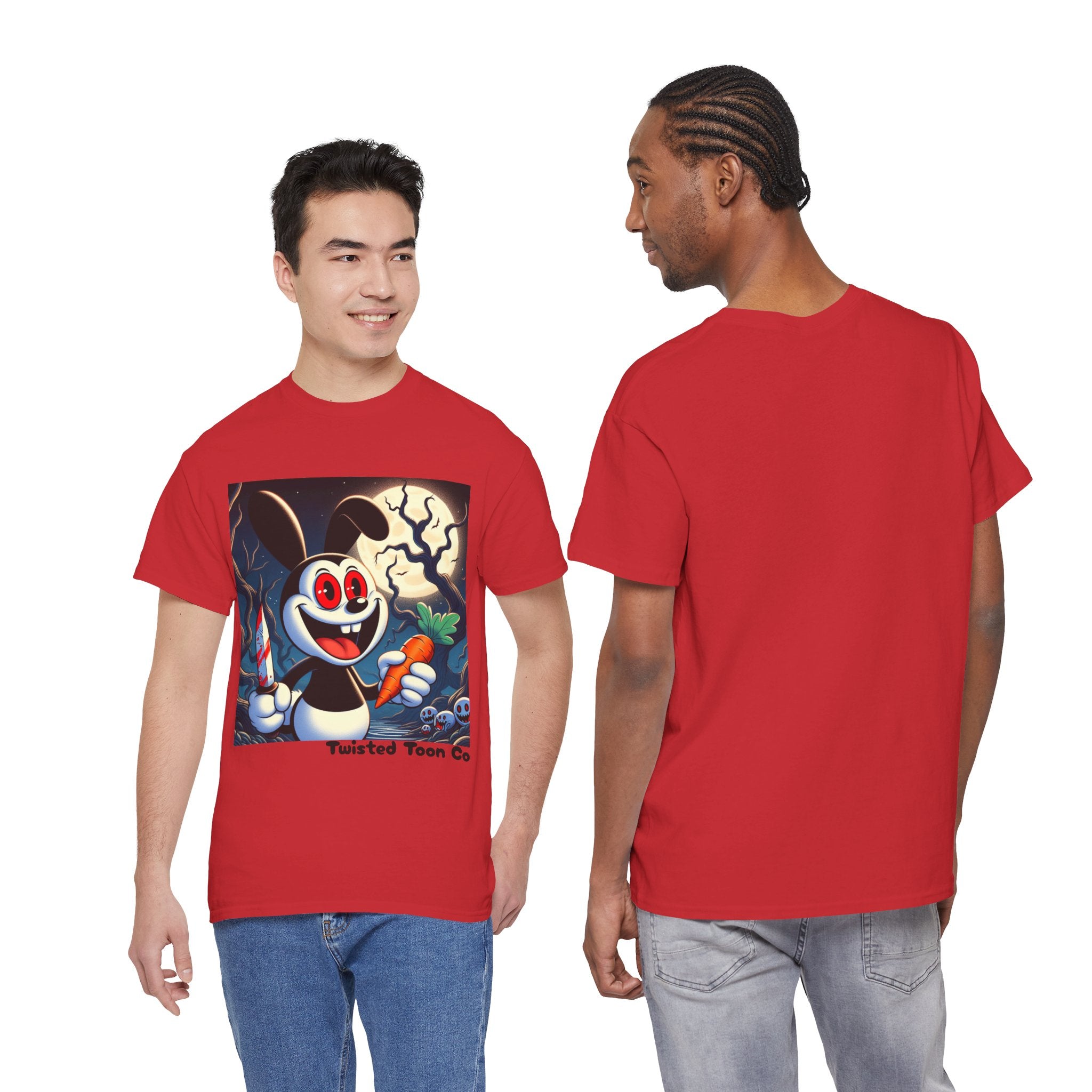 Halloween Oswald-Style Cartoon Tee — Spooky Bunny with Carrot and Full Moon