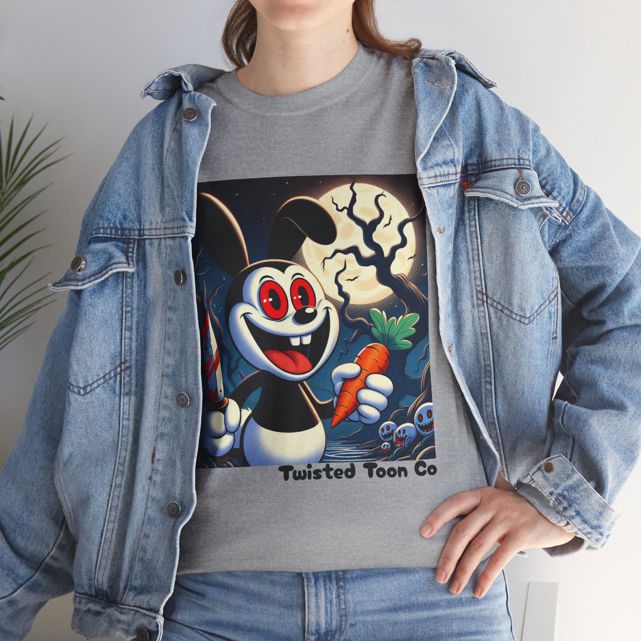 Halloween Oswald-Style Cartoon Tee — Spooky Bunny with Carrot and Full Moon