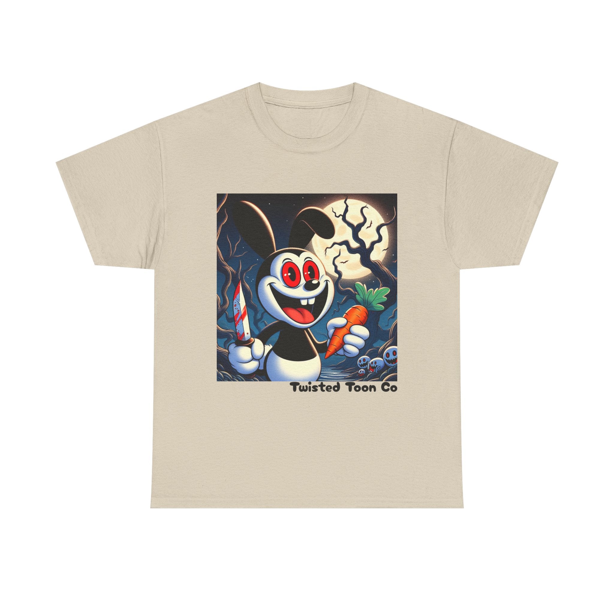 Halloween Oswald-Style Cartoon Tee — Spooky Bunny with Carrot and Full Moon