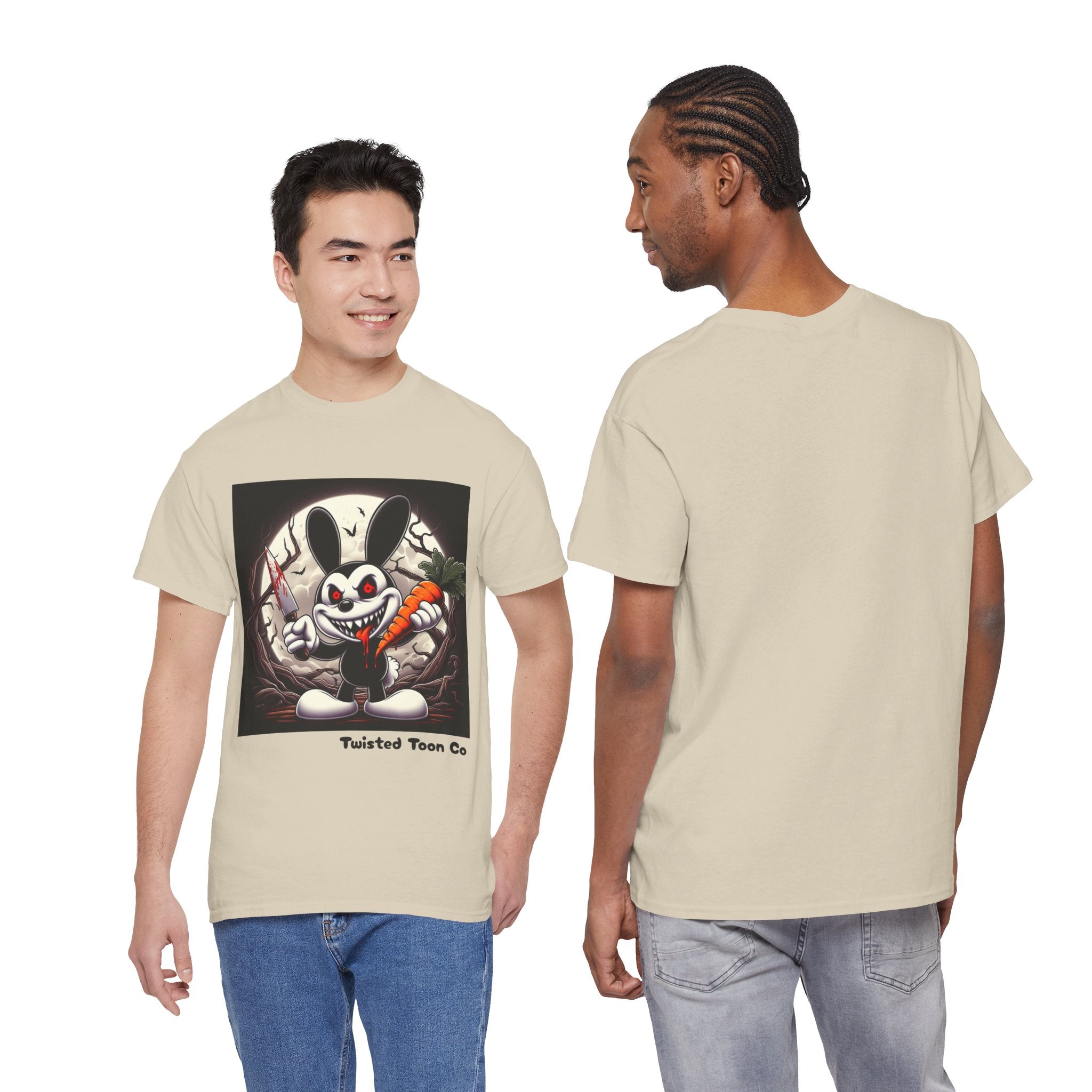 Creepy Cartoon Bunny Halloween T-Shirt — Scary Bunny with Carrot & Moon