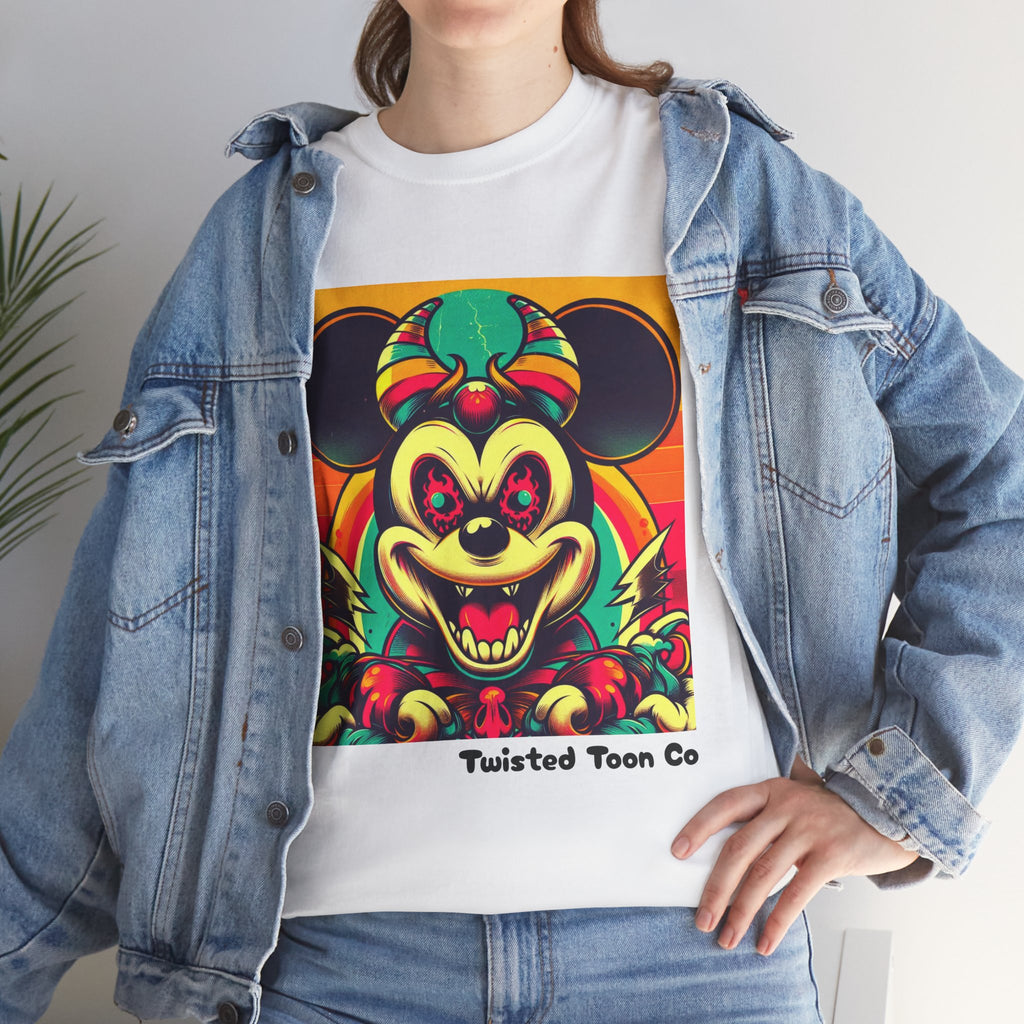 Creepy Retro Mouse Graphic Tee — Neon Horror Cartoon T-Shirt
