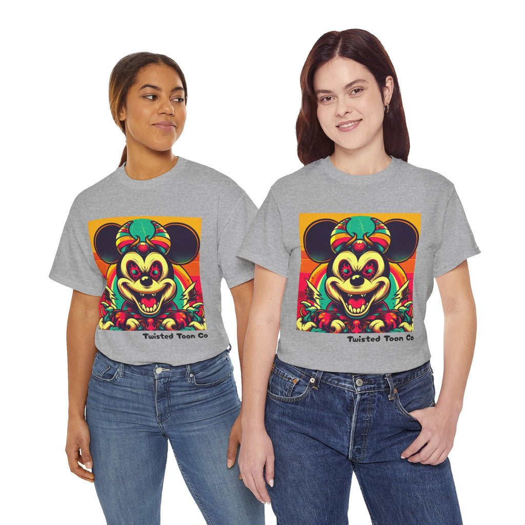 Creepy Retro Mouse Graphic Tee — Neon Horror Cartoon T-Shirt