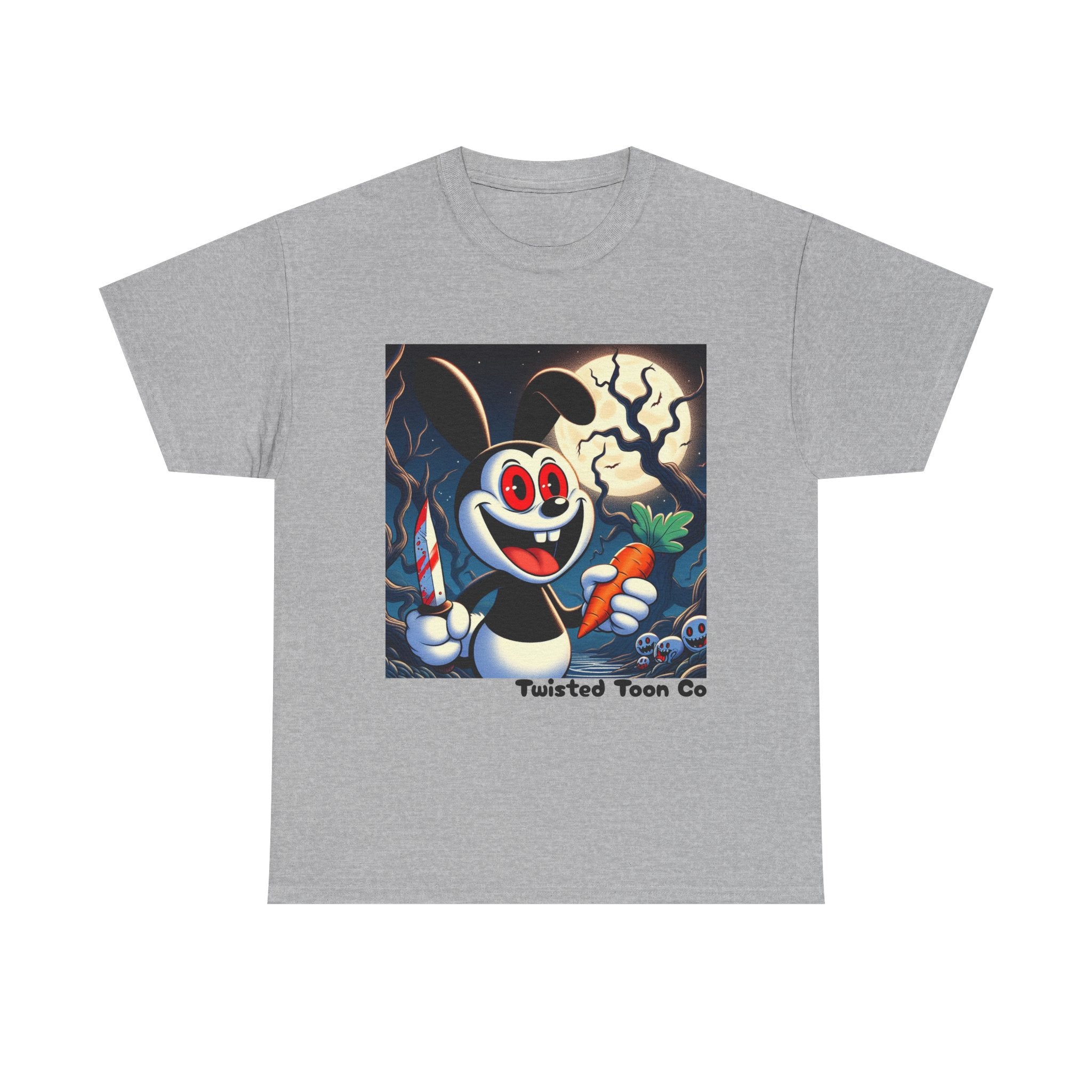 Halloween Oswald-Style Cartoon Tee — Spooky Bunny with Carrot and Full Moon