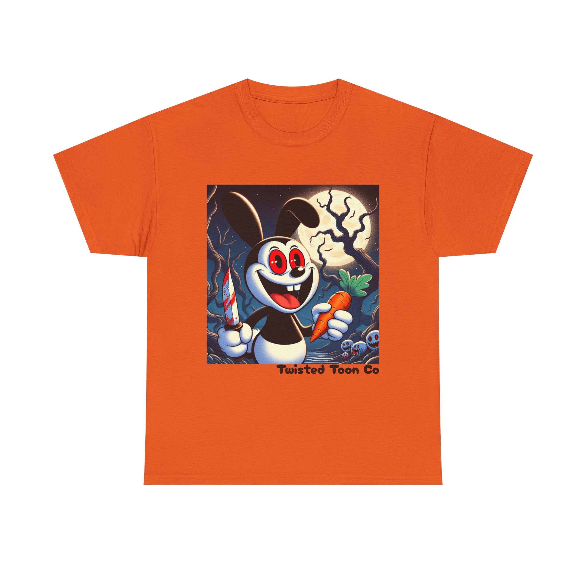 Halloween Oswald-Style Cartoon Tee — Spooky Bunny with Carrot and Full Moon