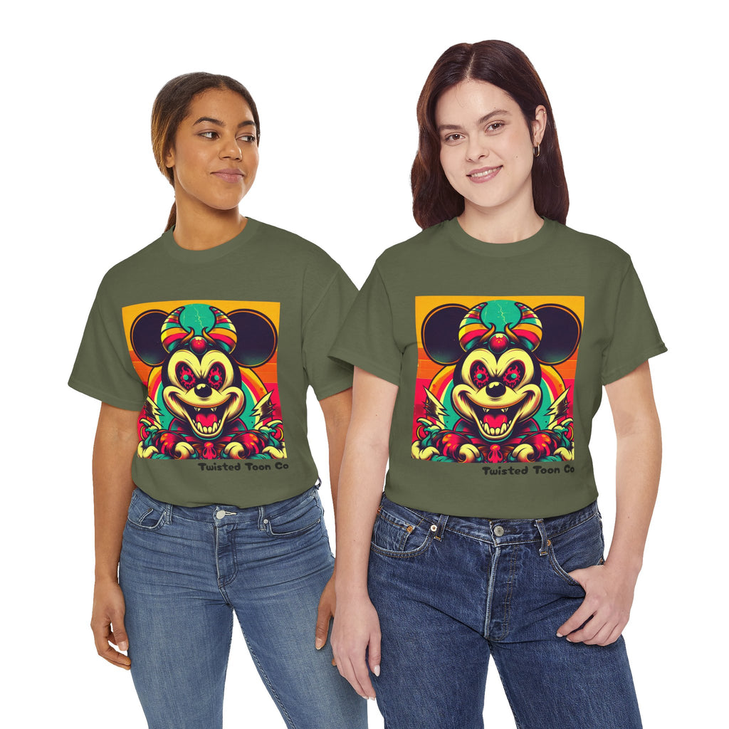Creepy Retro Mouse Graphic Tee — Neon Horror Cartoon T-Shirt