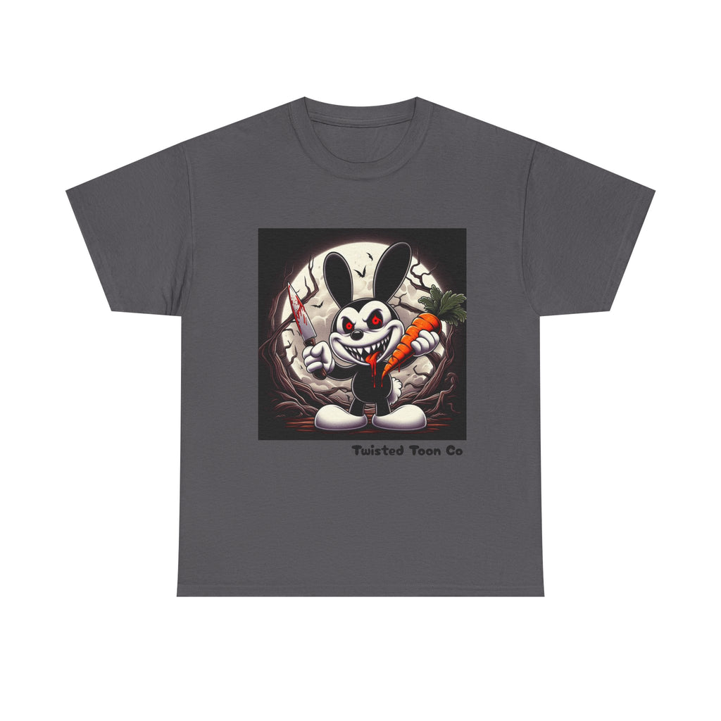 Creepy Cartoon Bunny Halloween T-Shirt — Scary Bunny with Carrot & Moon