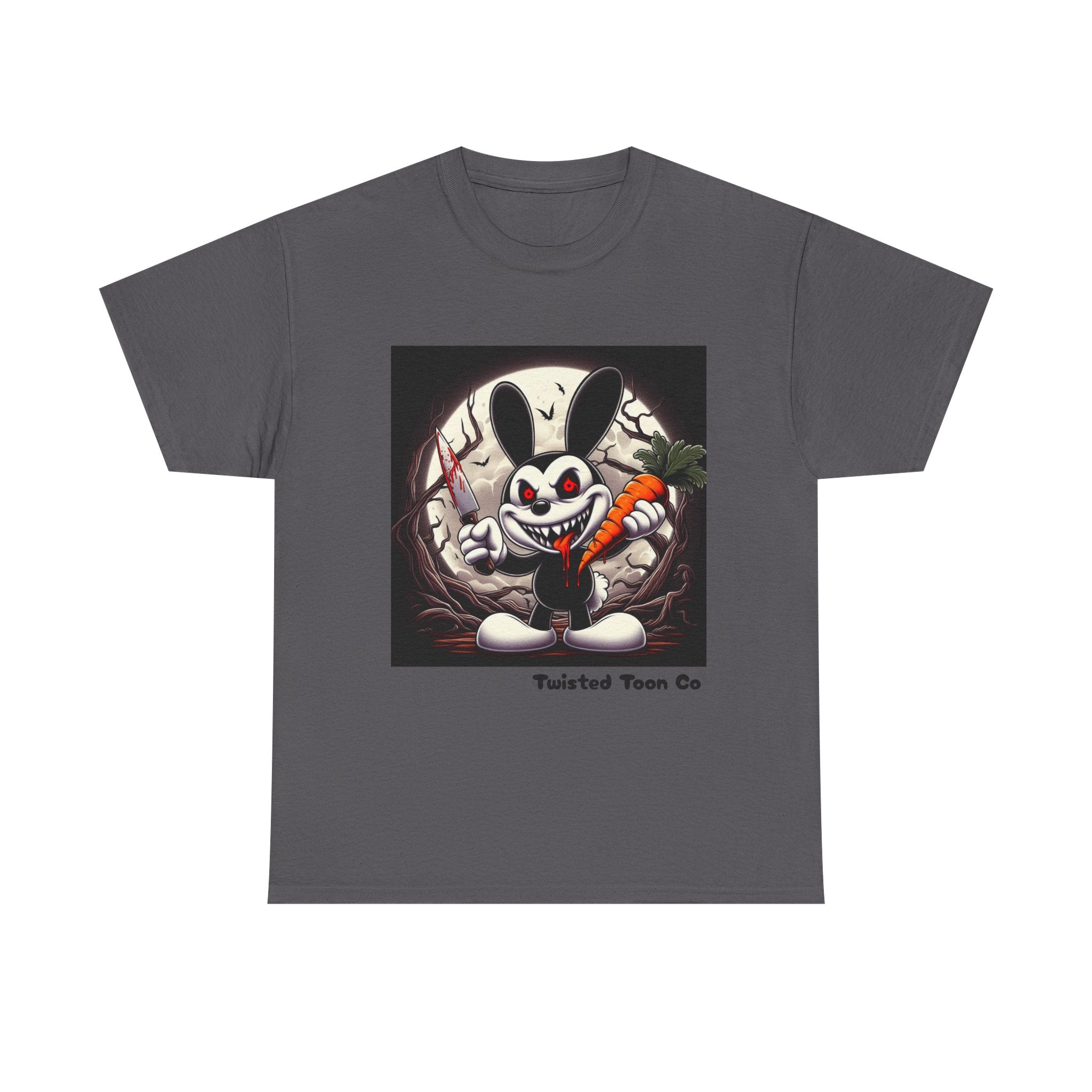 Creepy Cartoon Bunny Halloween T-Shirt — Scary Bunny with Carrot & Moon