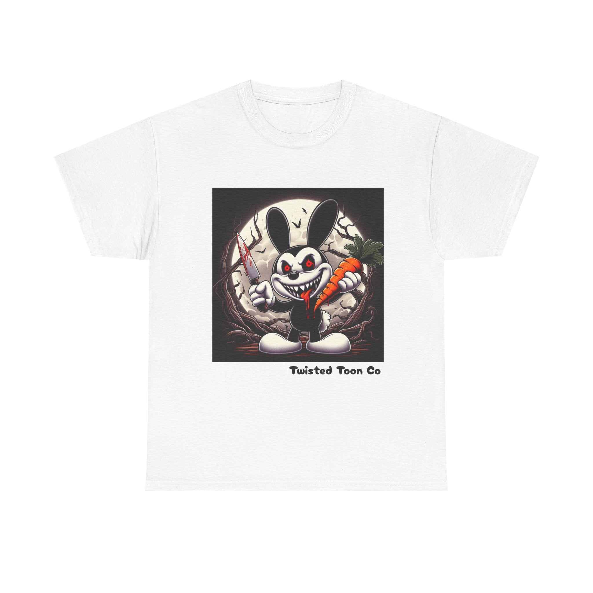 Creepy Cartoon Bunny Halloween T-Shirt — Scary Bunny with Carrot & Moon