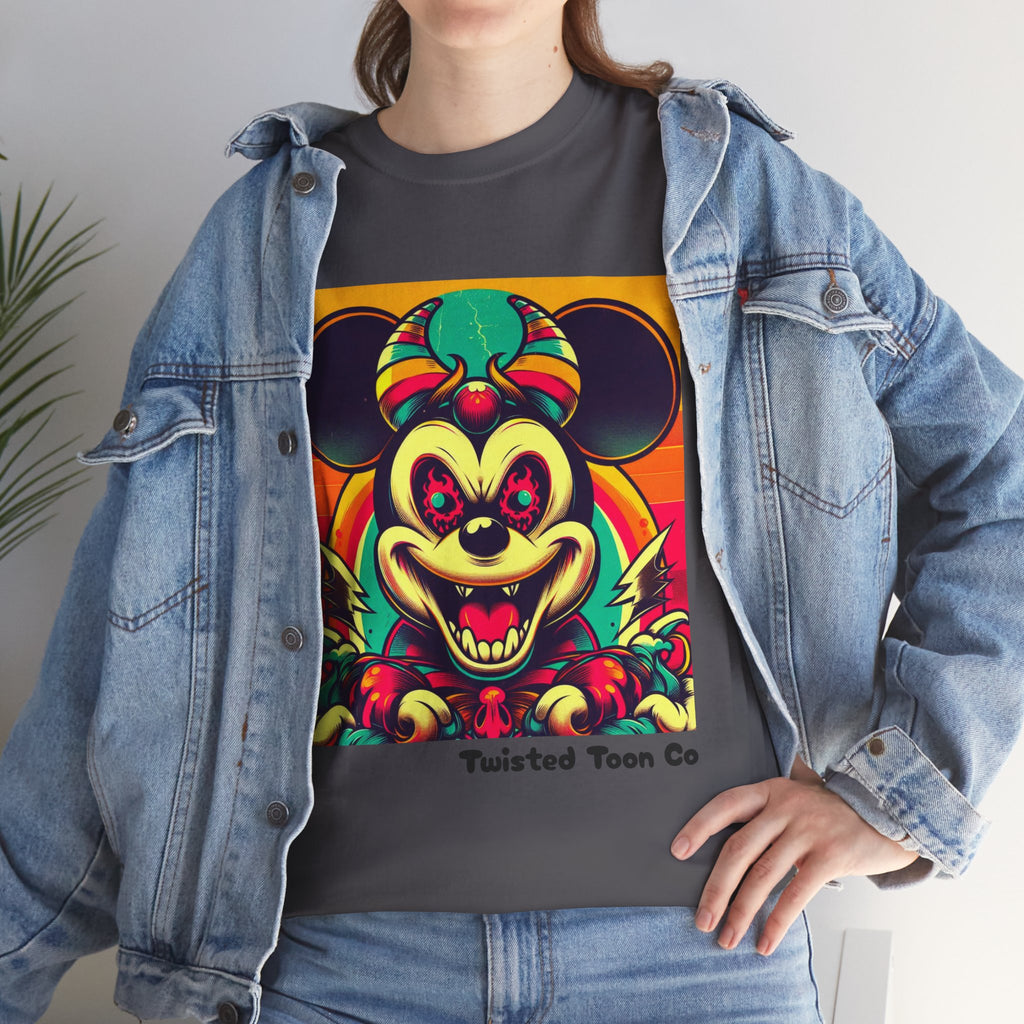 Creepy Retro Mouse Graphic Tee — Neon Horror Cartoon T-Shirt