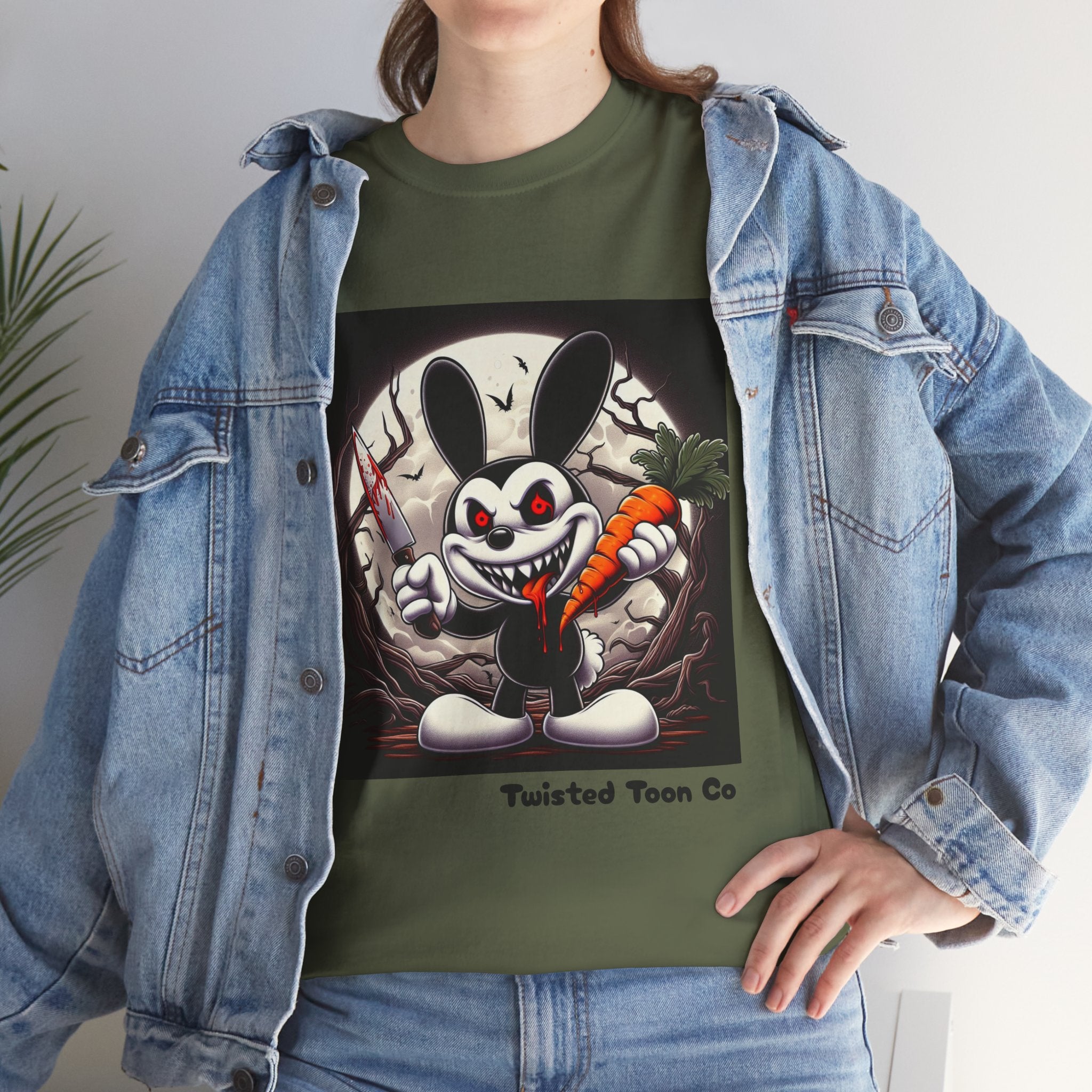 Creepy Cartoon Bunny Halloween T-Shirt — Scary Bunny with Carrot & Moon