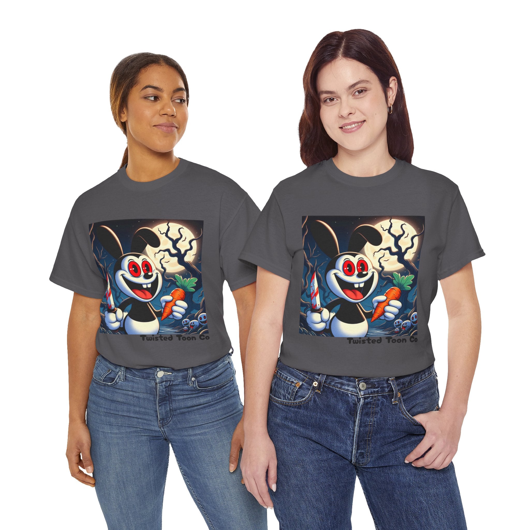 Halloween Oswald-Style Cartoon Tee — Spooky Bunny with Carrot and Full Moon