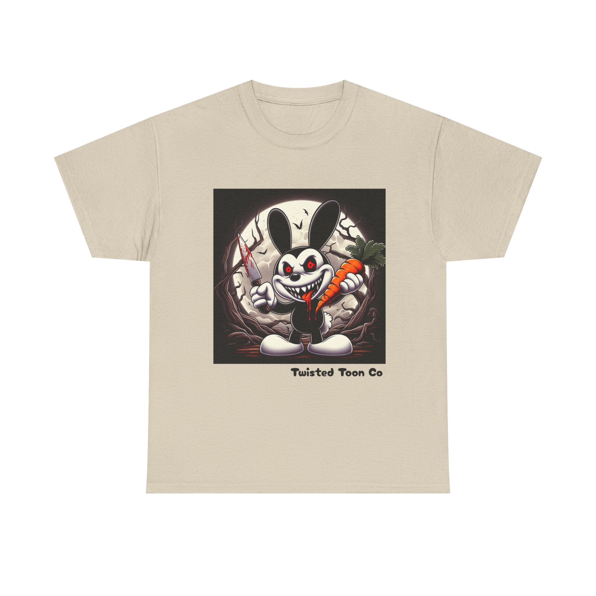 Creepy Cartoon Bunny Halloween T-Shirt — Scary Bunny with Carrot & Moon