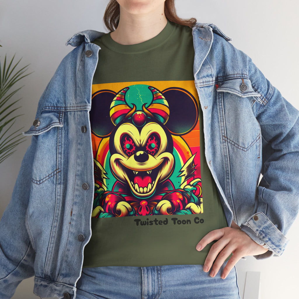 Creepy Retro Mouse Graphic Tee — Neon Horror Cartoon T-Shirt
