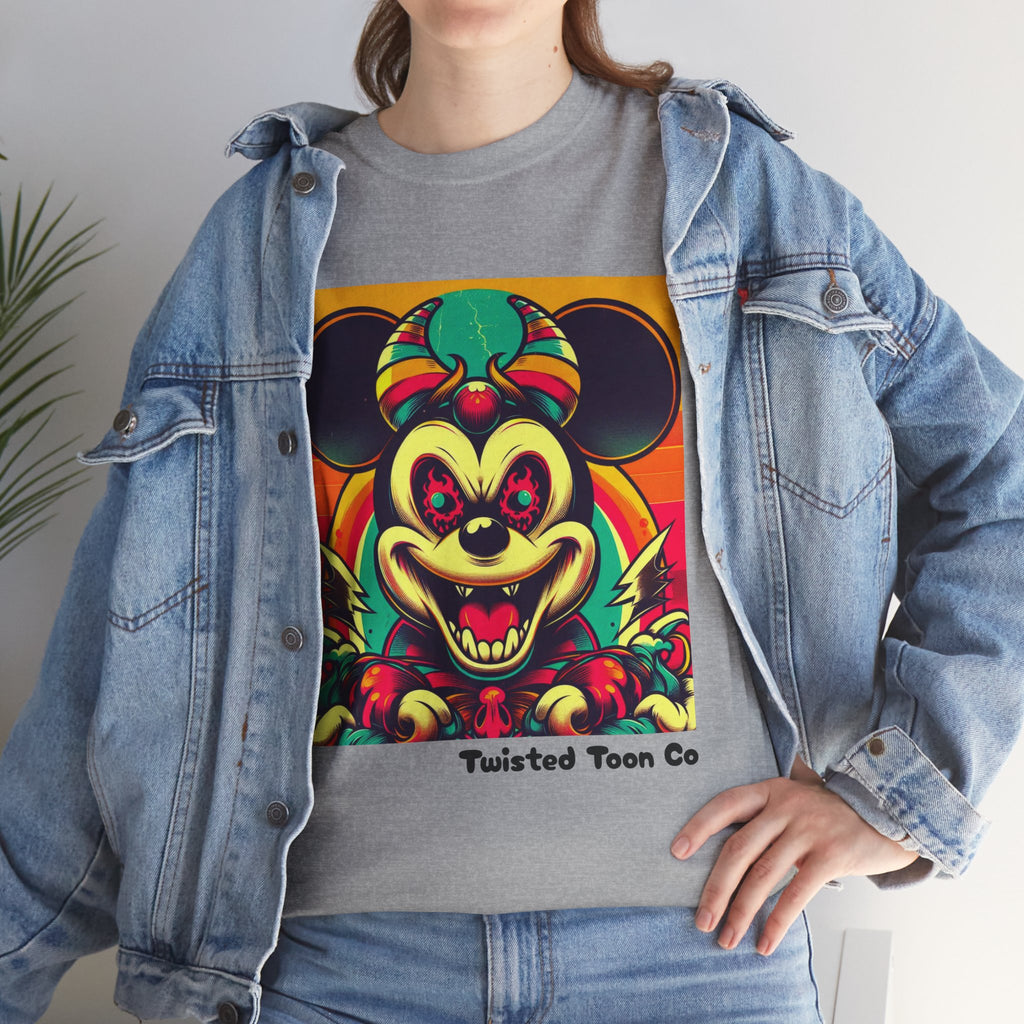 Creepy Retro Mouse Graphic Tee — Neon Horror Cartoon T-Shirt