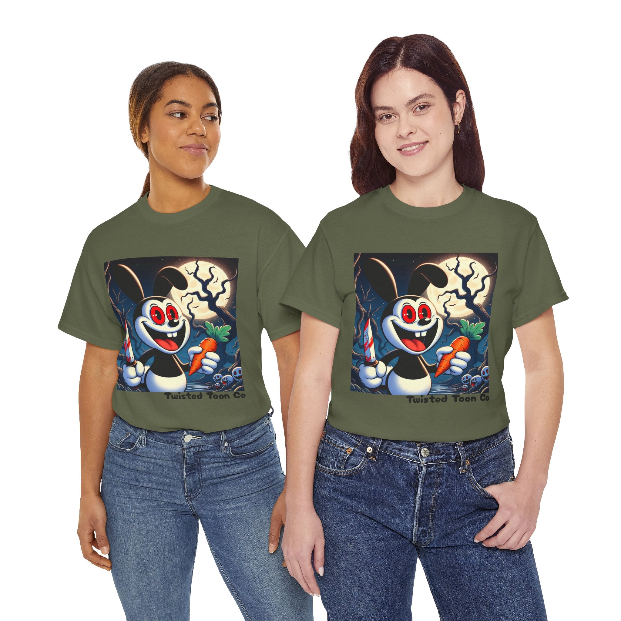 Halloween Oswald-Style Cartoon Tee — Spooky Bunny with Carrot and Full Moon