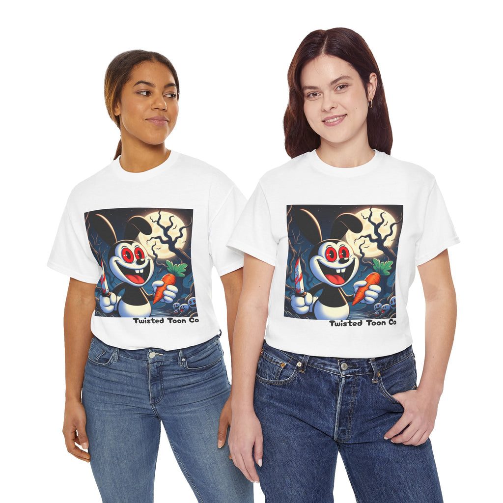 Halloween Oswald-Style Cartoon Tee — Spooky Bunny with Carrot and Full Moon
