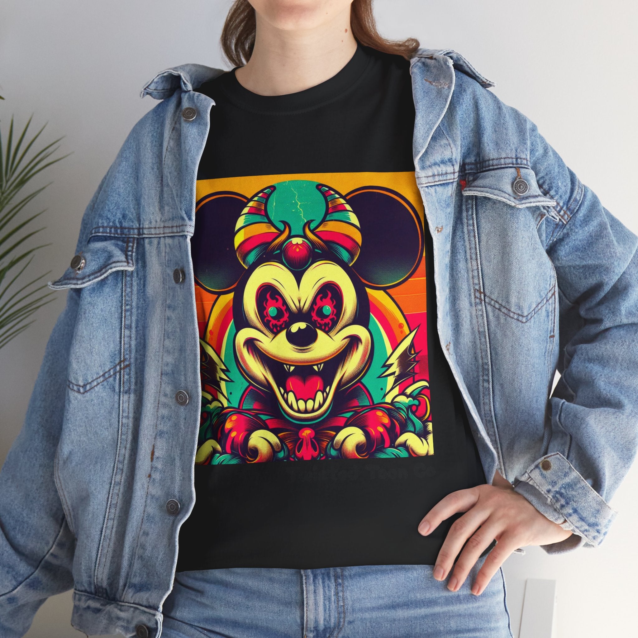 Creepy Retro Mouse Graphic Tee — Neon Horror Cartoon T-Shirt