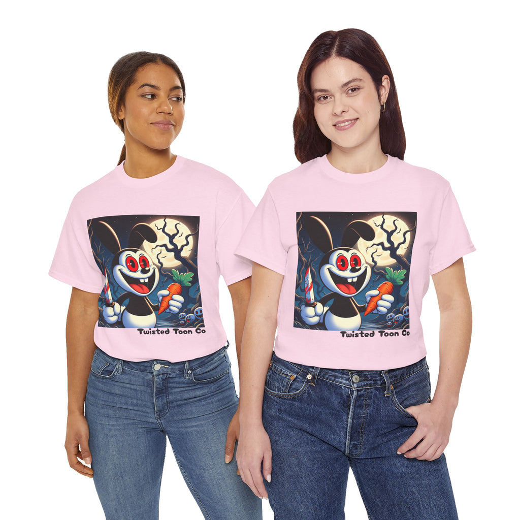 Halloween Oswald-Style Cartoon Tee — Spooky Bunny with Carrot and Full Moon