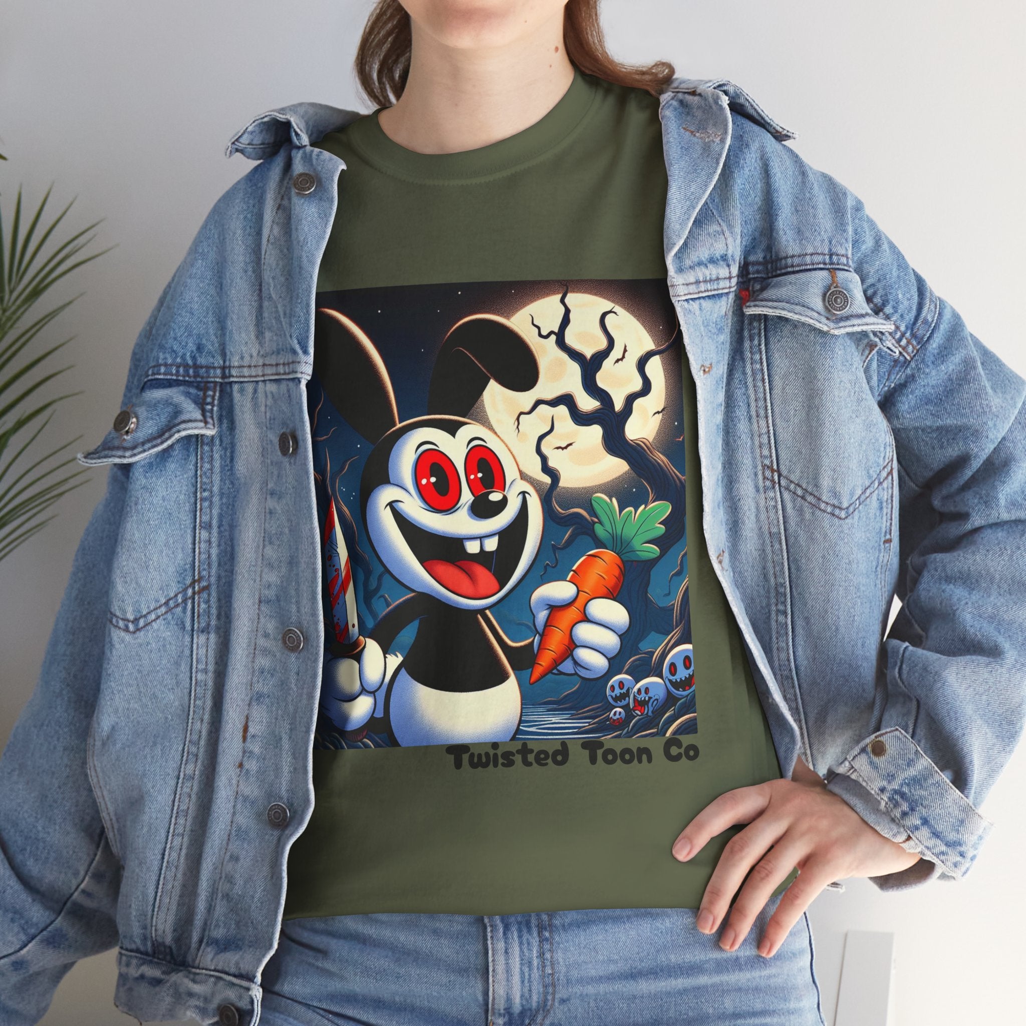 Halloween Oswald-Style Cartoon Tee — Spooky Bunny with Carrot and Full Moon