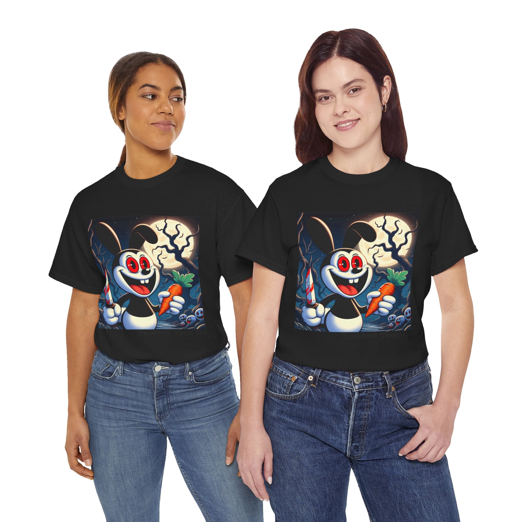 Halloween Oswald-Style Cartoon Tee — Spooky Bunny with Carrot and Full Moon