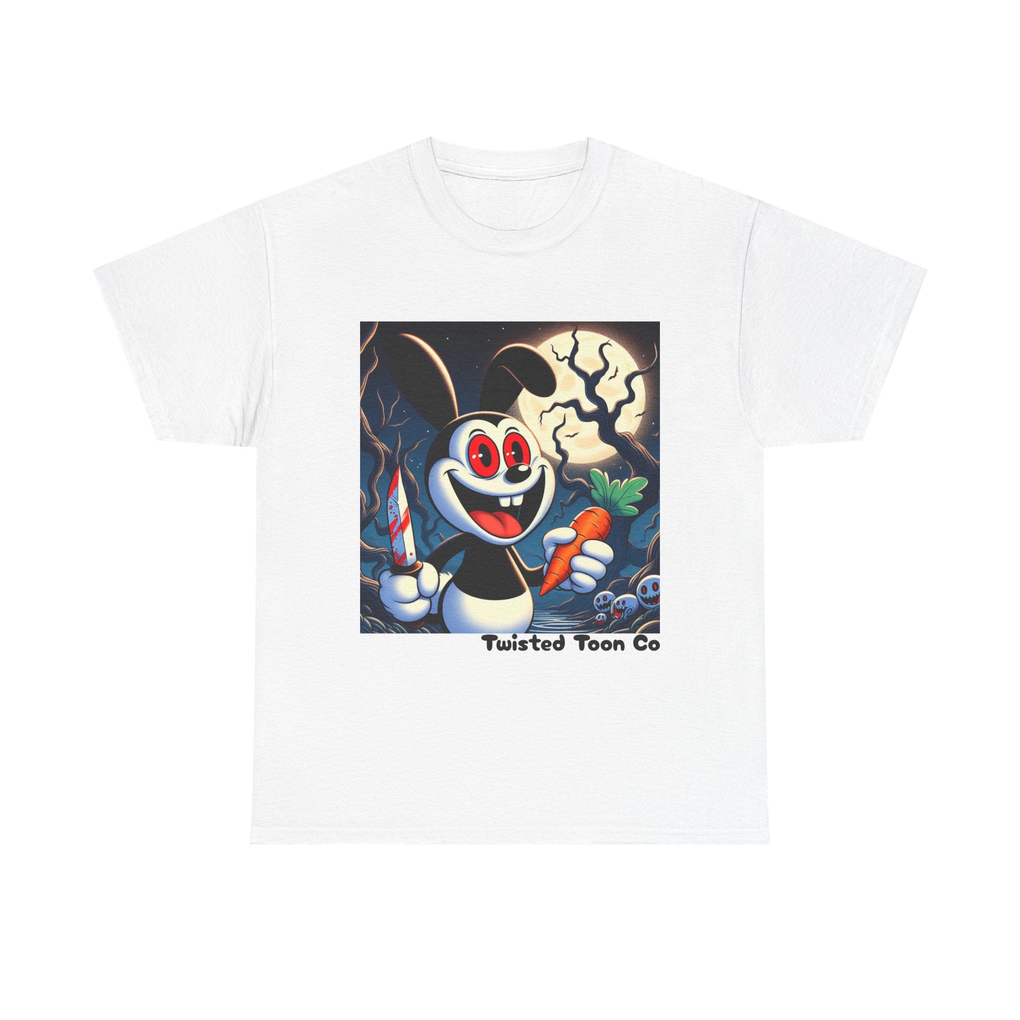 Halloween Oswald-Style Cartoon Tee — Spooky Bunny with Carrot and Full Moon