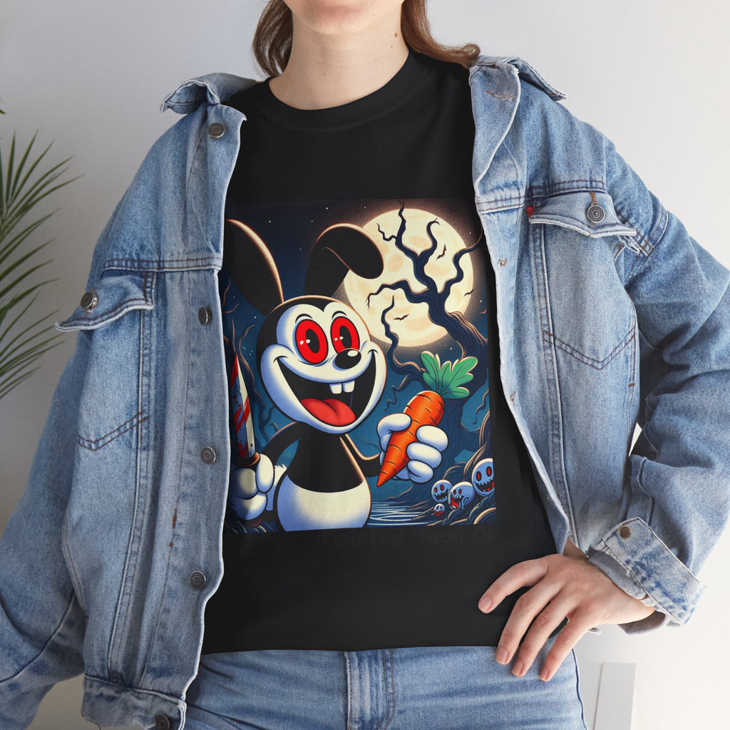 Halloween Oswald-Style Cartoon Tee — Spooky Bunny with Carrot and Full Moon