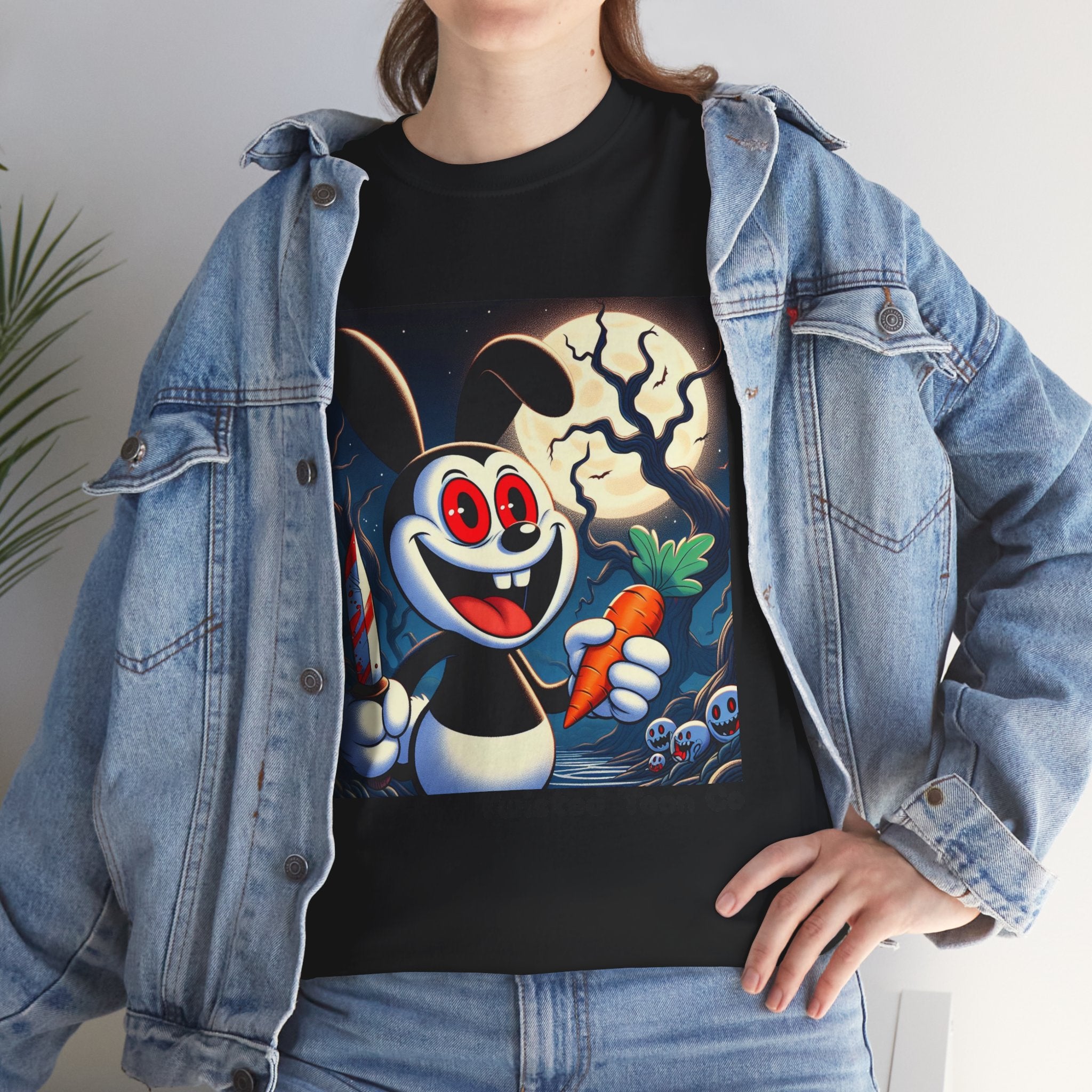 Halloween Oswald-Style Cartoon Tee — Spooky Bunny with Carrot and Full Moon