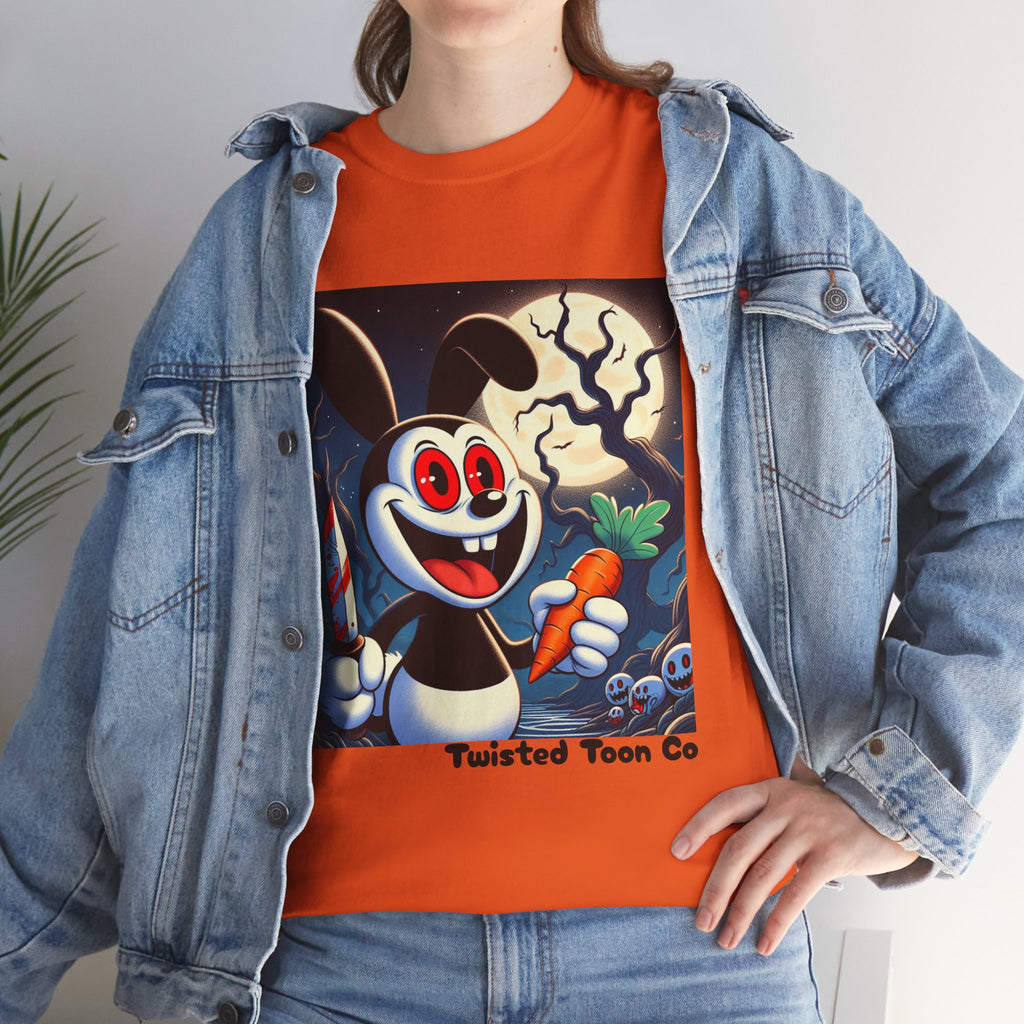 Halloween Oswald-Style Cartoon Tee — Spooky Bunny with Carrot and Full Moon