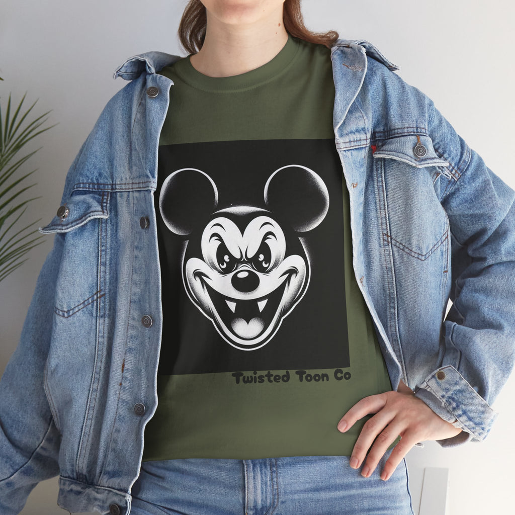 Creepy Cartoon Mouse Graphic Tee — Vintage Horror Smile Shirt