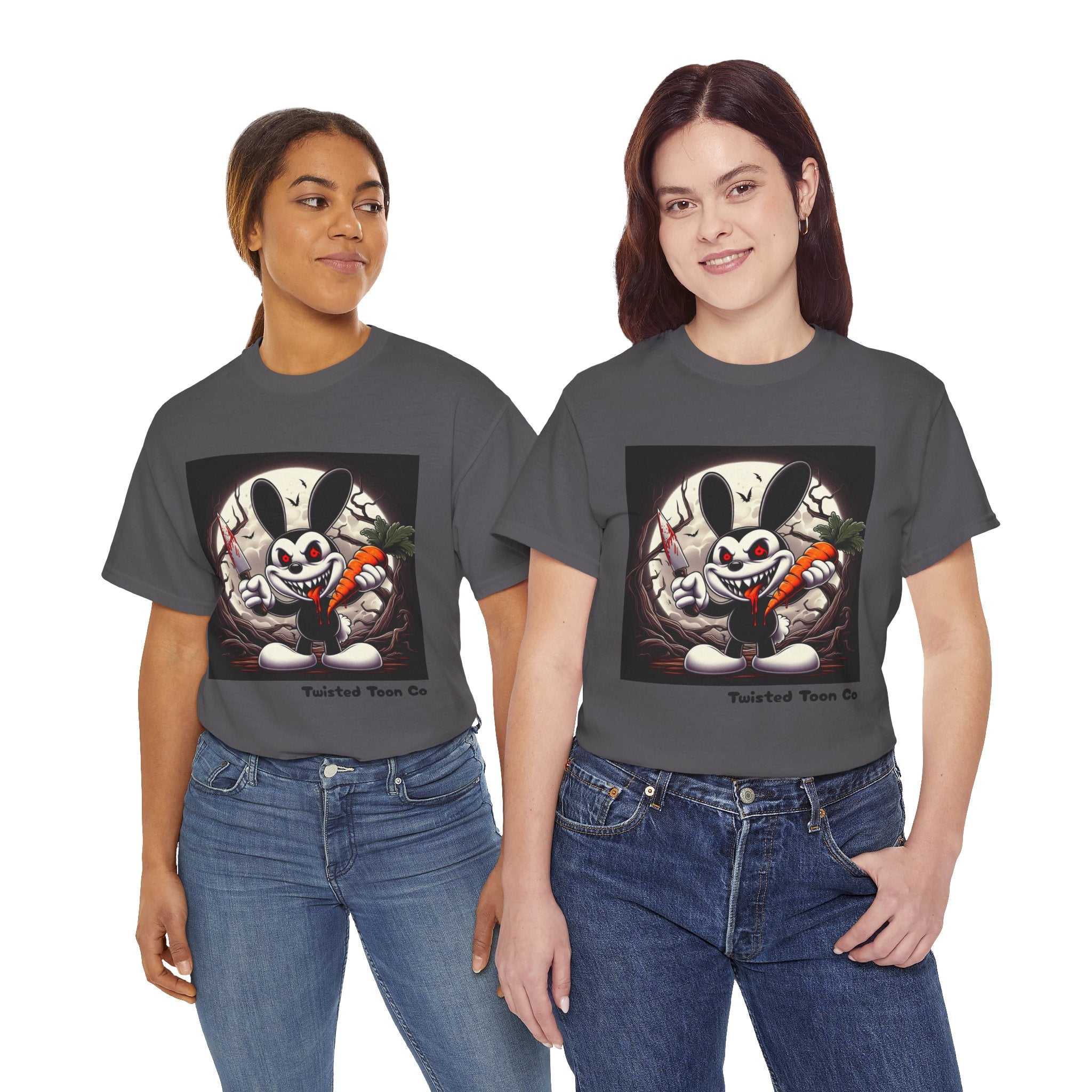 Creepy Cartoon Bunny Halloween T-Shirt — Scary Bunny with Carrot & Moon