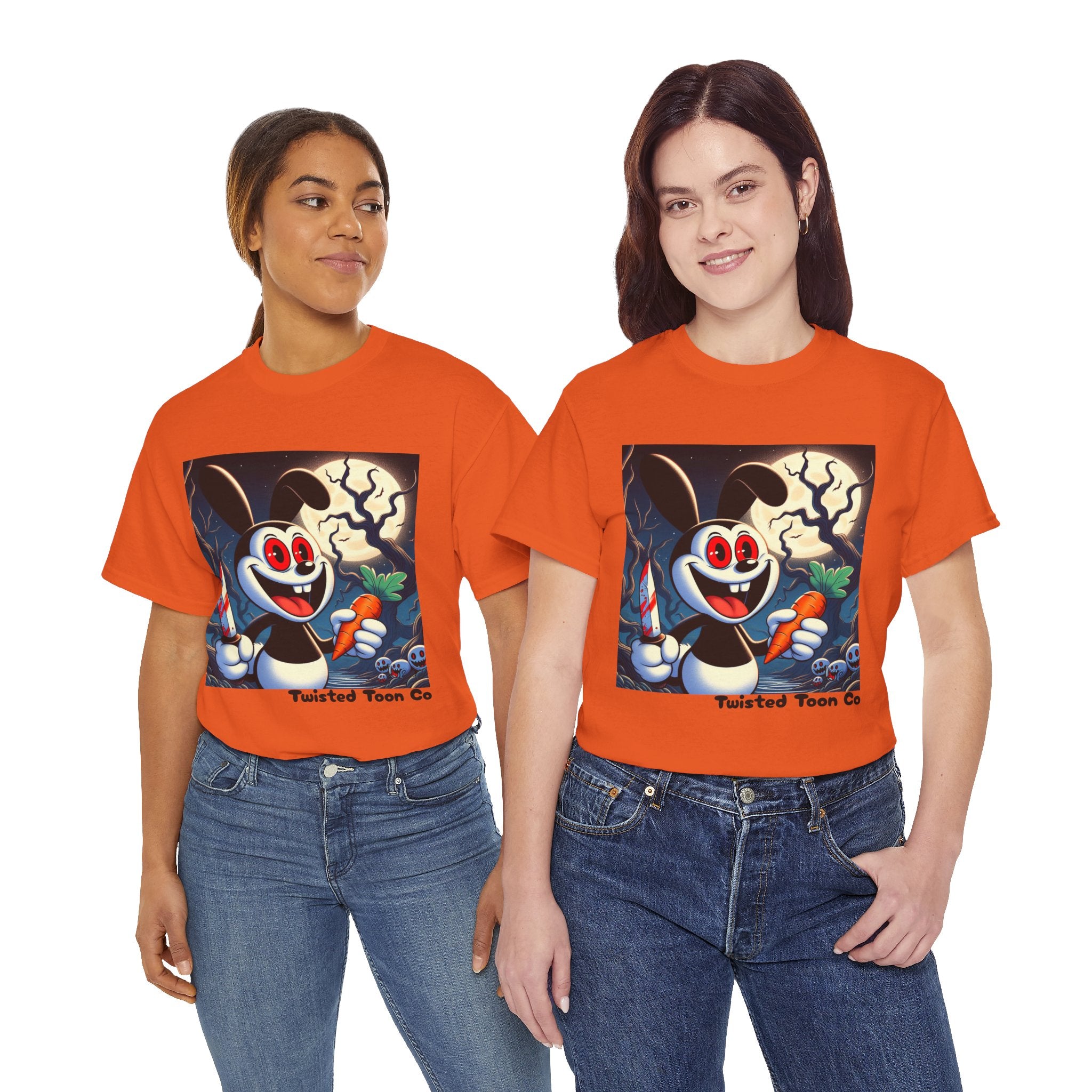 Halloween Oswald-Style Cartoon Tee — Spooky Bunny with Carrot and Full Moon